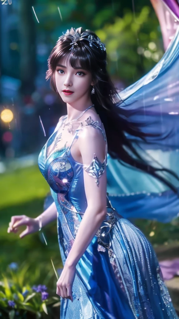 ((8K, UHD, Masterpiece, extreme quality)), 1 girl, good face, detailed eyes, very long hair, detailed lips, medium breasts, realistic, xiao wu fantasy dress, ((blue fantasy dress)), ((glowing dress)), ((bare navel)), ((lace)), ((double shade dress)), beautiful fantasy, fantasy empress, beautiful alluring Realistic art,  shining skin, intricate ornate anime cgi style, shining skin, in the park, ((raining)), Realistic shadow, depth of field, ray tracing, god rays, bloom, anti-analysis, bokeh effect, direct-x 2.0, looking at the audience,