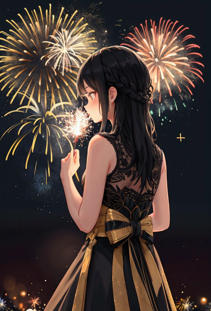 Black silhouette、night、firework