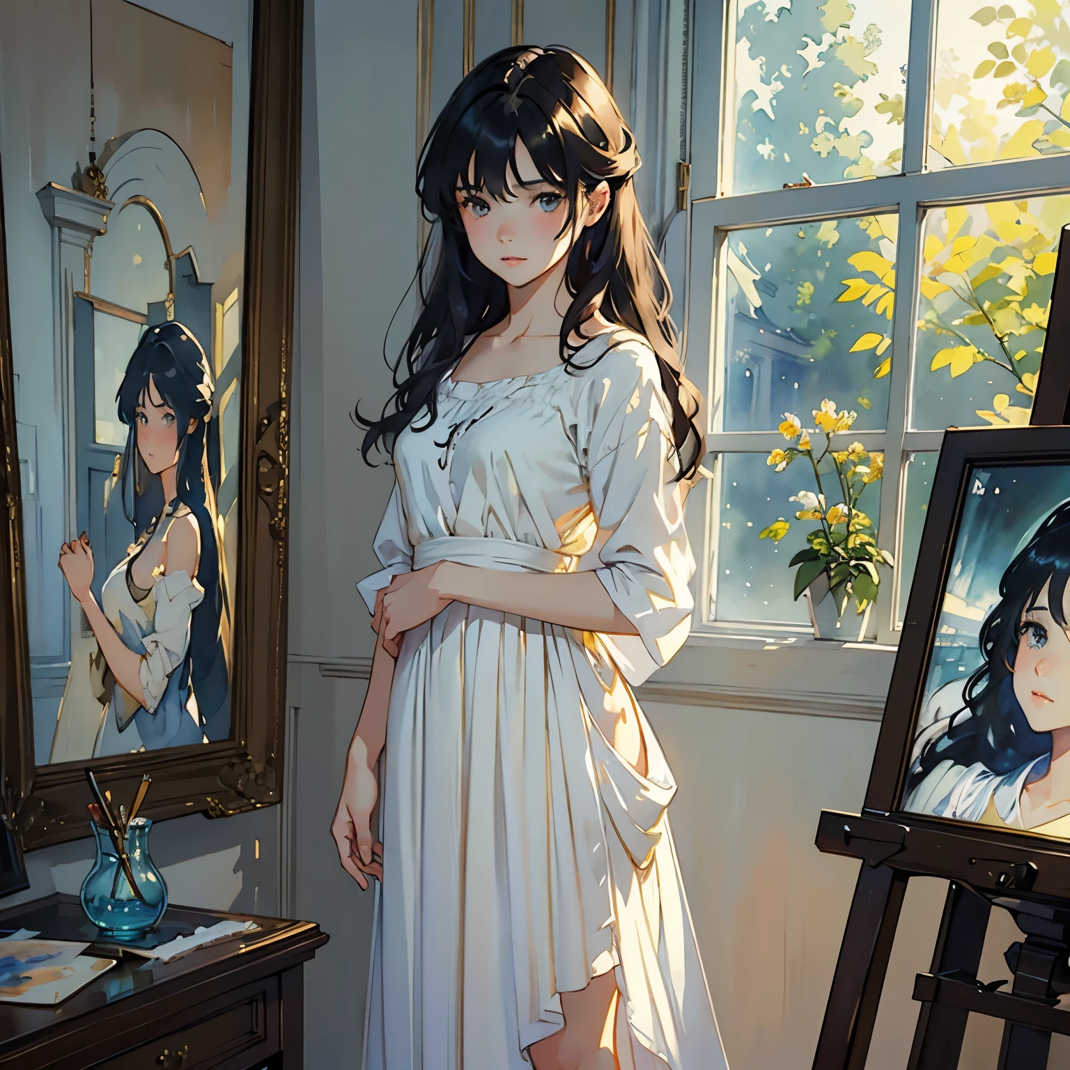 (A very beautiful paints a life-size portrait of herself on canvas:1.2), (Full body portrait:1.2)、(An incomplete life-size portrait:1.2)、(Paint set、palette、Pen:1.2)、Beautiful and fair、Glowing Skin, Nice, bright, Refreshing and gentle look, Perfect beautiful face、Beautiful shiny bangs, Small breasts,Simple uniform,room、window、Soft Light、(Watercolor of singer Sargent)、(Highest quality、masterpiece)、
