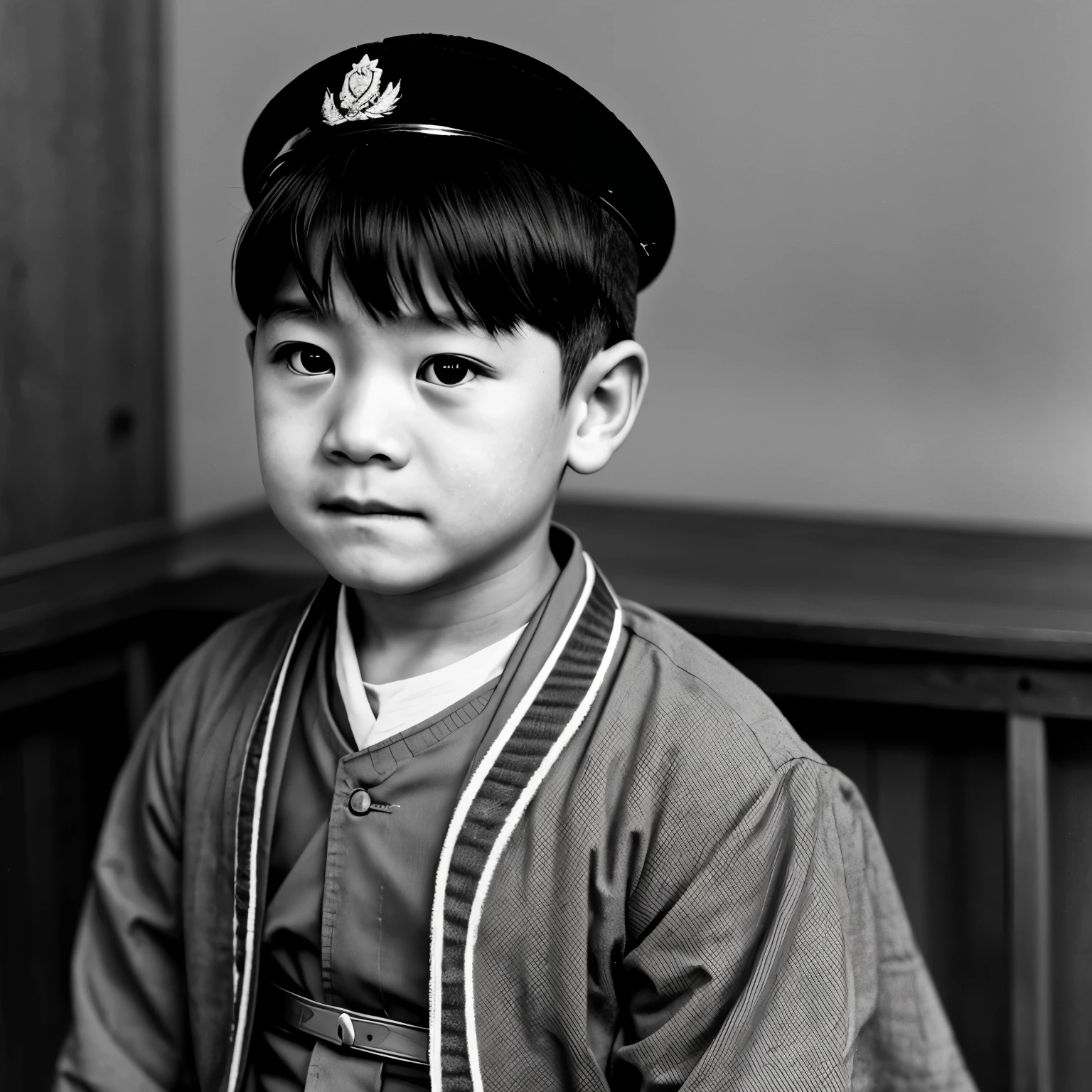 A  thwt is japanese and with a buzzed heis wearing a japanese ww1 uniform. He looks horrified, with his eyes wide. [Creepy black and white photo]