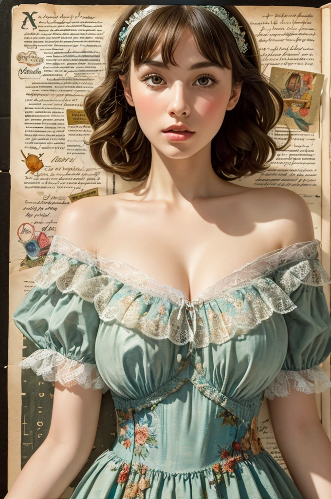Super detailed alcohol ink painting of gorgeous girl, Made on top of a mixed-media masterpiece patchwork of stress-free vintage script paper, Ephemera, Torn cardboard, Vintage newspaper, Vintage sheet music, Wax Seal, Dress made of paper ruffles and life-size dainty lace, in the style of [Junk Journal, double exposure, Equal to the size of the body, Greg Simkins, Mark Davis, Oliver Jeffers, Andy Kehoe], Cinematic, Stunning, Highly detailed, 8K, dehazed