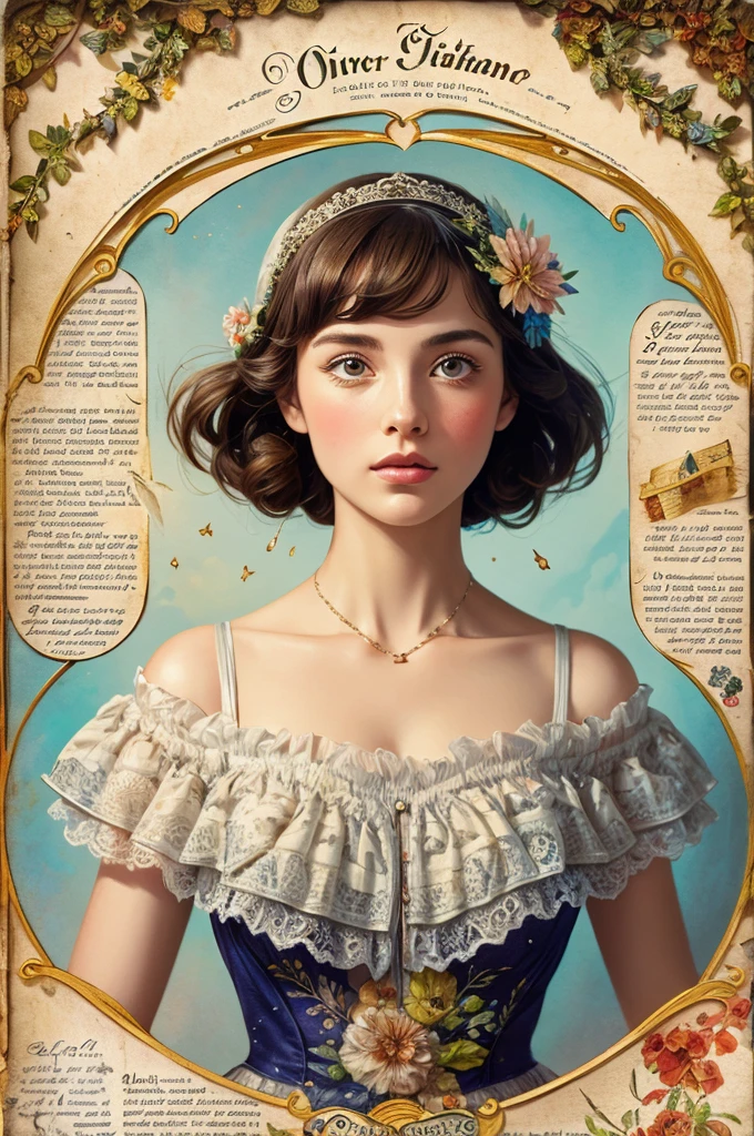 Ultra-detailed alcohol ink painting of a gorgeous girl, Mixed media masterpiece pieced together using stress-free vintage script paper, mayfly, Cardboard damage, Vintage newspaper, vintage sheet music, Seal something, Dress made of paper ruffles and really tiny delicate lace, style [junk magazine, Double contact, Equal to body size, Greg Simkins, marc davis, oliver jeffers, Andy Keeho], Movie, amazing, Very detailed, 8K, Defog