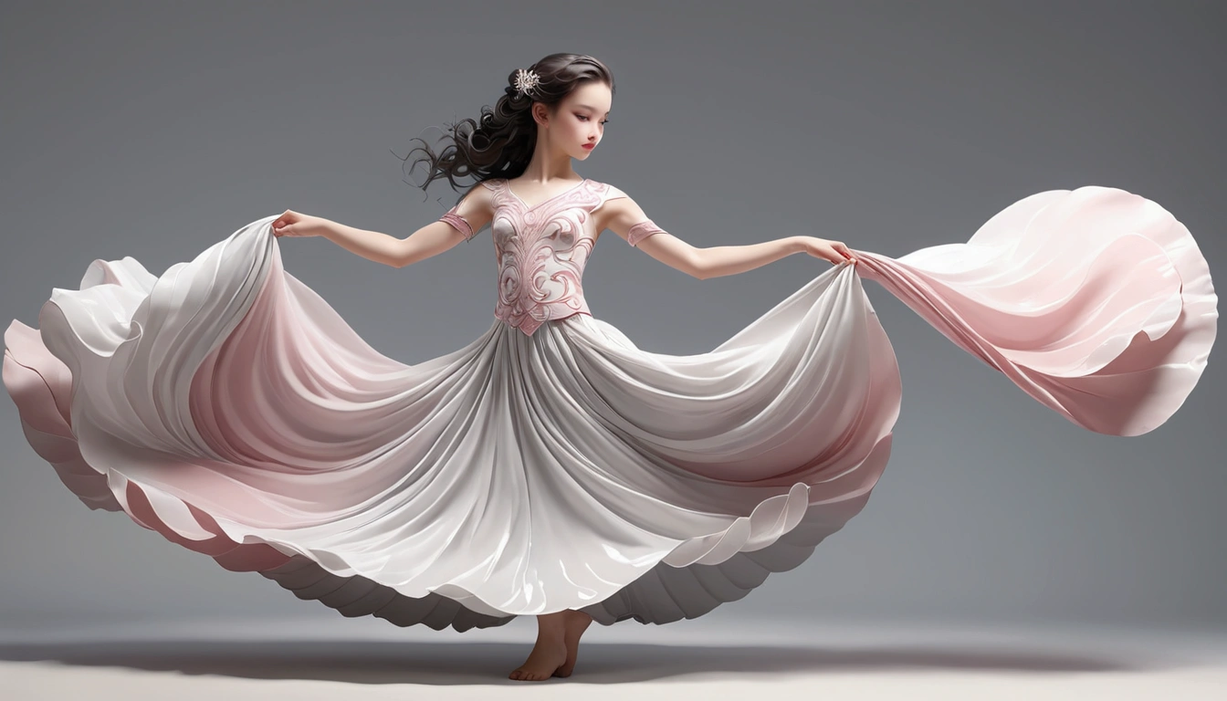 White background，A *************** in a pink dress，The movements of the dance；Long hair shawl。whole body，front； Depth of Field, Extraordinary details, masterpiece, high quality, 4K，