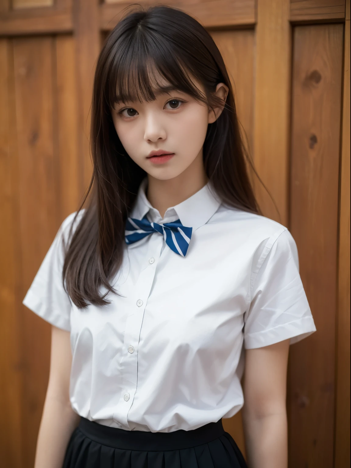 (8k, Top quality, Masterpiece:1.2), (Realistic, photo-realistic:1.37), Super detailed, perfect anatomy, cute, small eyes, 18 years old, a Japanese, girl, white shirt, bow tie, school skirt, blunt bangs,