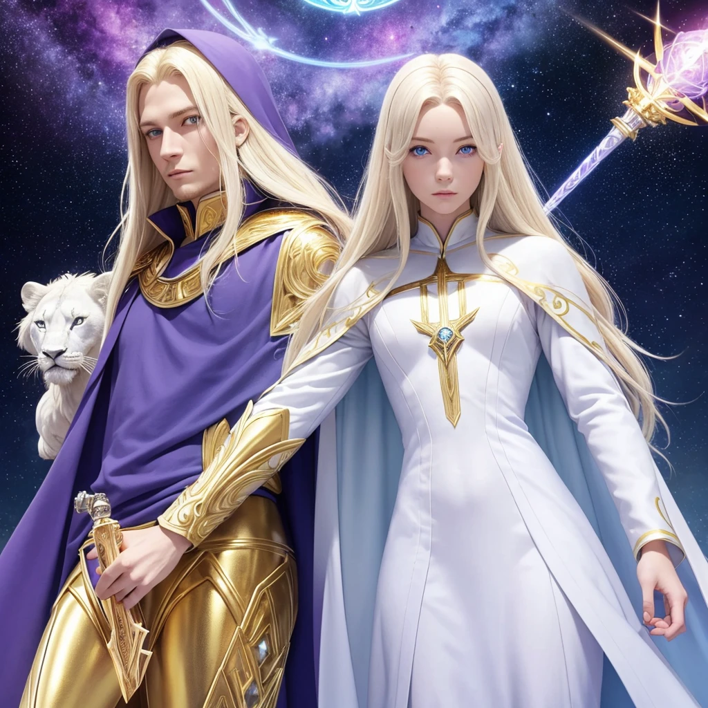 Blonde Pleiadian with sky blue eyes wearing white clothing next to an extraterrestrial being with grayish blue skin in a purple cape with a golden scepter and golden sacred geometry on the chest and next to a humanoid white lion in white clothing with gold details
