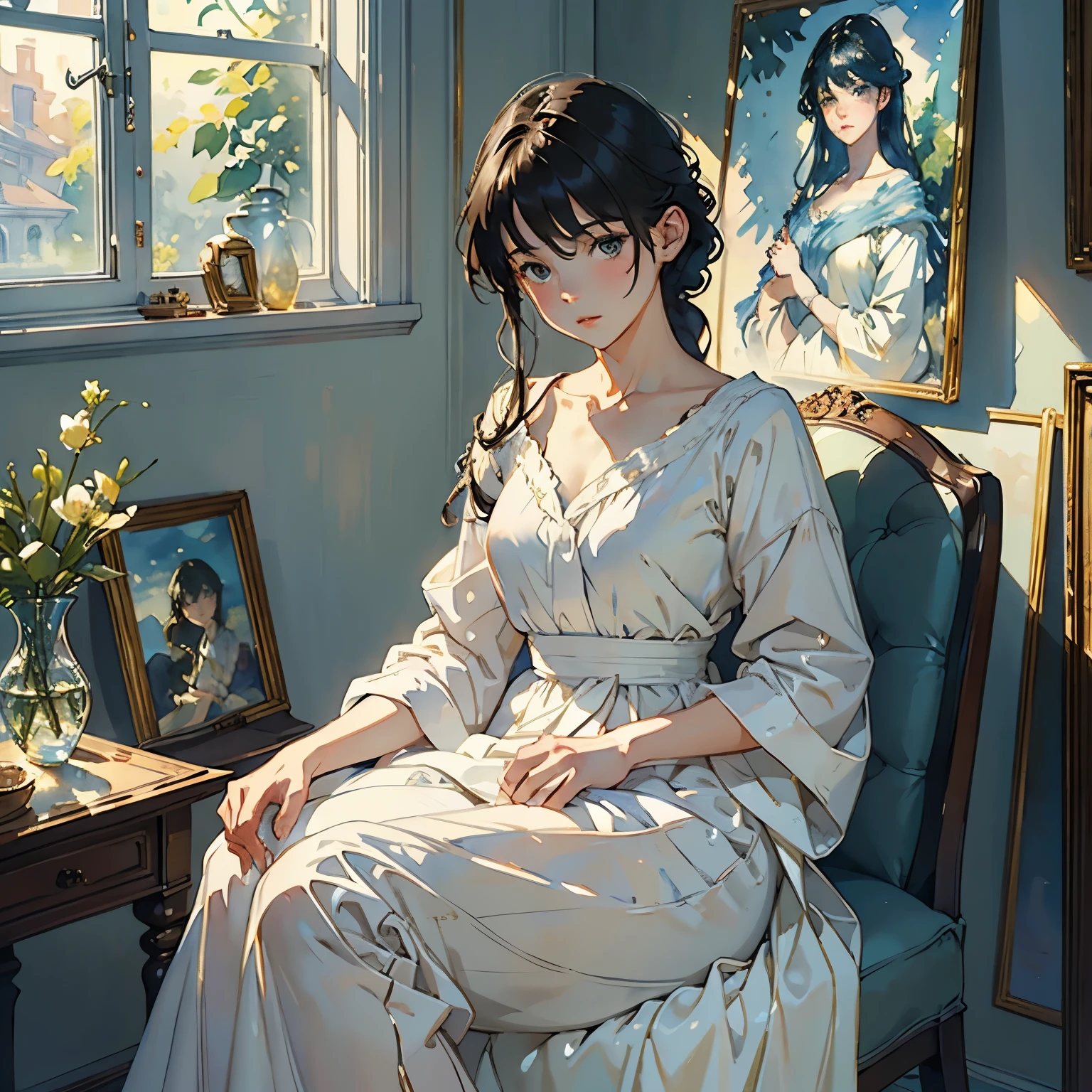 (A very beautiful paints a life-size portrait of herself on canvas:1.2), (Full body portrait:1.2)、(An incomplete life-size portrait:1.2)、(Paint set、palette、Pen:1.2)、Beautiful and fair、Glowing Skin, Nice, bright, Refreshing and gentle look, Perfect beautiful face、Beautiful shiny bangs, Small breasts,Simple uniform,room、window、Soft Light、(Watercolor of singer Sargent)、(Highest quality、masterpiece)、