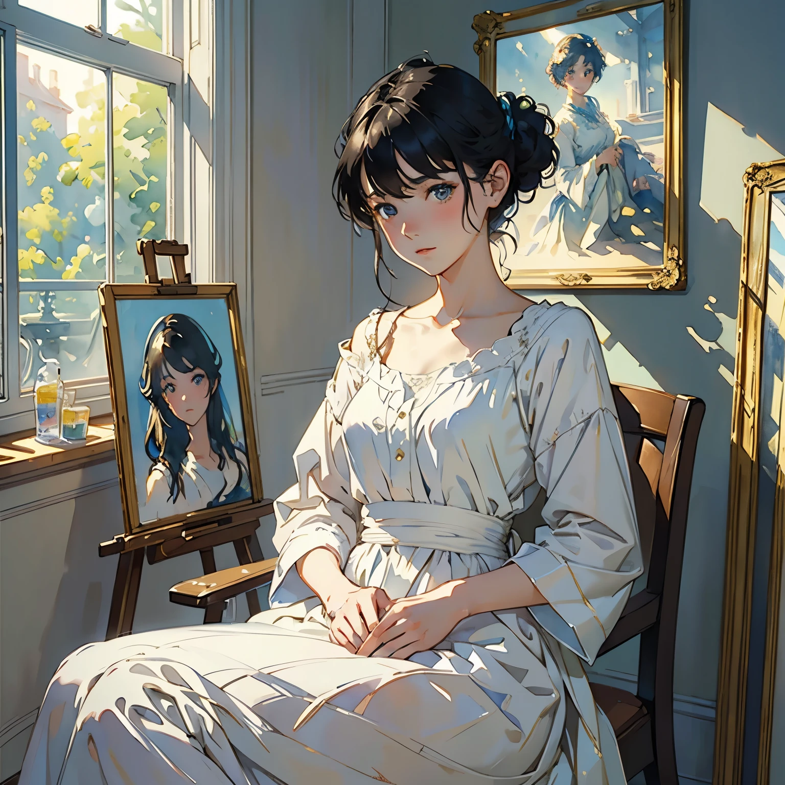(A very beautiful -yeld gipaints a life-size portrait of herself on canvas:1.2), (Full body portrait:1.2)、(An incomplete life-size portrait:1.2)、(Paint set、palette、Pen:1.2)、Beautiful and fair、Glowing Skin, Nice, bright, Refreshing and gentle look, Perfect beautiful face、Beautiful shiny bangs, Small breasts，Simple uniform，room、window、Soft Light、(Watercolor of singer Sargent)、(Highest quality、masterpiece)、