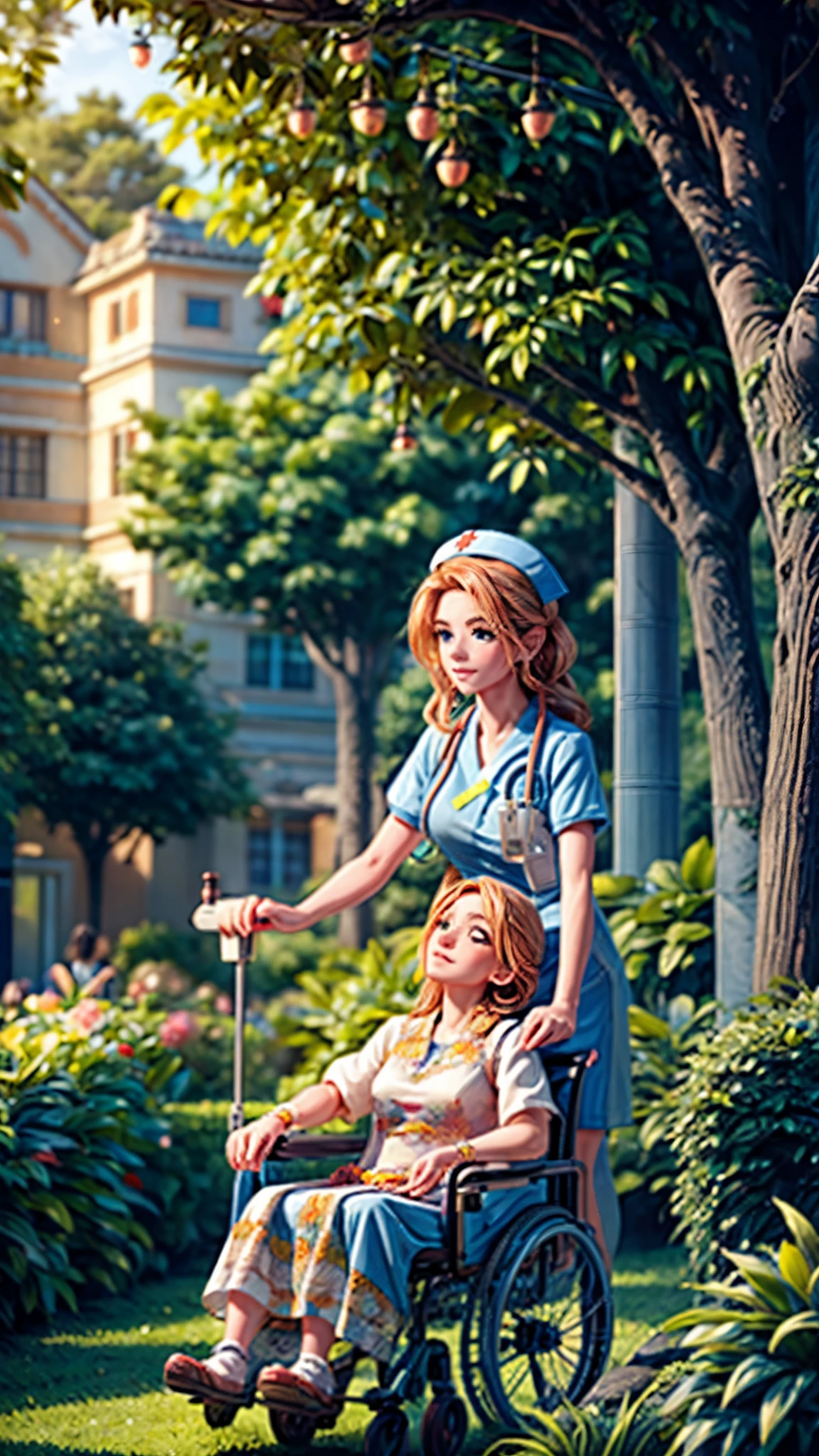 a nurse pushing a patient in a wheelchair, walking through a garden, detailed face and eyes, beautiful detailed dress, photorealistic, 8k, hyperrealistic, intricate details, lush greenery, sunlight, warm colors, serene atmosphere