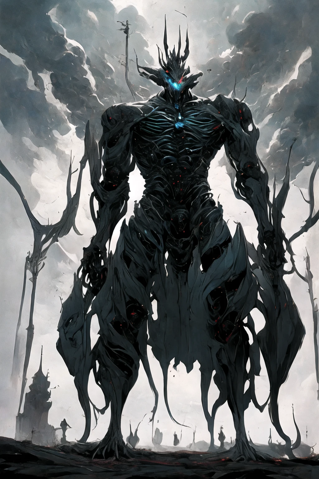 (((Highest quality)))(((Best Image)))外見は黒いfog,Wear shiny armor,Modern Battle Suits(((Appearance)))The shape is humanoid,Wearing armour(((Features)))Eyes glowing red,The shape is made of purple glowing matter..Possess modern weapons.(((male)))The skeleton is human-like、Muscle fibers are visible,fogのようなもので構築している(((background)))Barren Land,dead tree,fog,Chaotic world(((Standing posture)))Battle Scenes,overwhelmingly strong,Highest quality。
