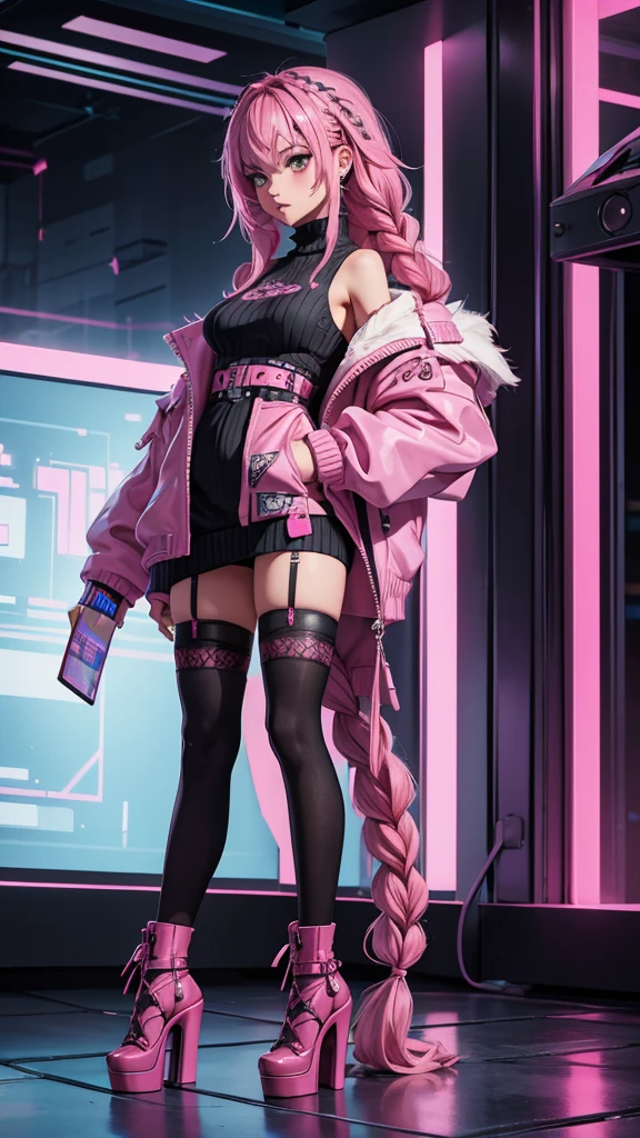 1girl,detailed skin,braided pink hair,small breasts,black thighhighs,oversized sweater,high heels,(sassy pose:0.8),cyberpunk,volumetric fog,