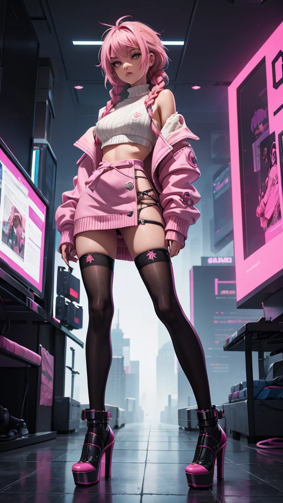 1girl,detailed skin,braided pink hair,small breasts,black thighhighs,oversized sweater,high heels,(sassy pose:0.8),cyberpunk,volumetric fog,