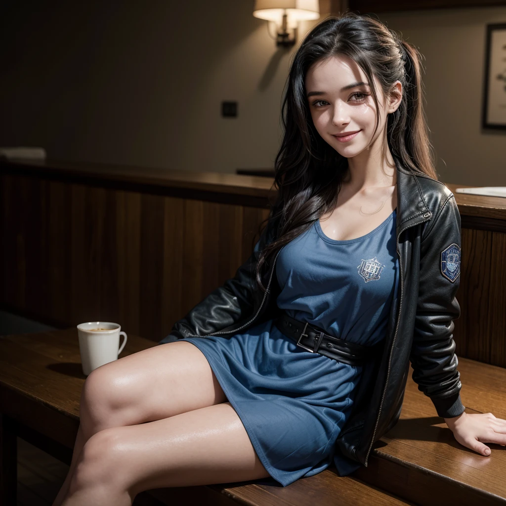 Beautiful young bartender with long dark hair tied back, with a bat tattoo on his neck, usando uma camiseta branca, e um piercing no nariz, Serving a girl with dark wavy hair with a seductive smile, wearing a black dress and a blue jacket, the girl is sitting on a bench near the counter smiling. HD realistic image