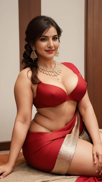 close up photo of sexy indian secretary , kneel down on a table ,  grab her ass ,showing her ,bent down, figure, swooping breasts, deep cleavage, curvy, erotic kneel down, sexy armpits, seductive eyes, sultry, look at viewer and subtle smile,bra less  transparent  and see-through  saree, red lips, ponytail, necklace, 4K, HD