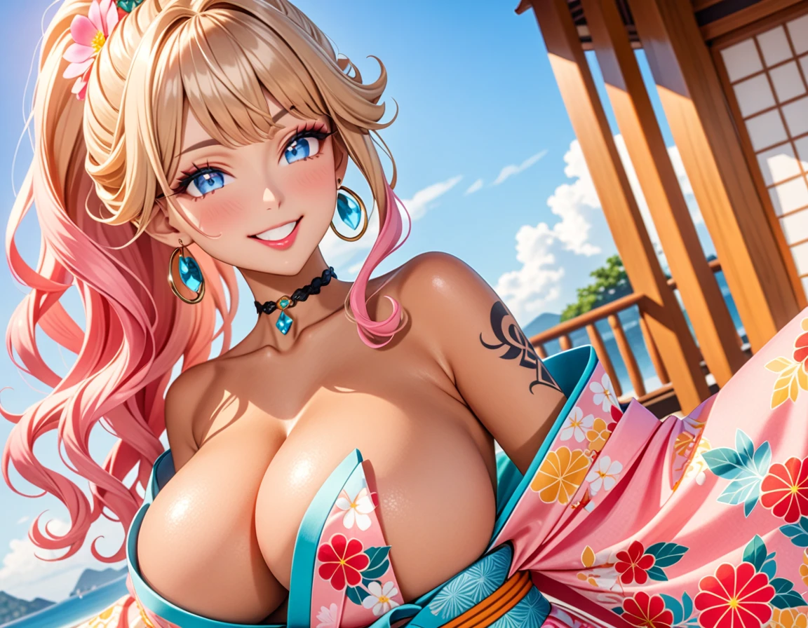 ultra-detailed, ((one girl)), (portrait), (tan skin:1.4), in pastel colors gyaru, (heavy makeup), (professional lighting), hyper detailed, absurdres, 8k, Beautiful Face, (Laugh shyly), ((teasing smile:1.2)), ((happy smile:1.4)), ((Wink:1.5)), (Laugh with your mouth wide open),((Tilt your face:1.6)), View your viewers, ((Bright red cheeks:1.4)),Glossy shocking pink lips, ((huge breasts:1.6)), undressing, ((She is naked up to her shoulders, highlighting her cleavage.)), ((Her tattoo peeked through her kimono:1.2)), noon, summer, Luxury resort with ocean view, ((Anime style background)),masterpiece, Highest quality, (Brighten your face), so beautiful,Latest, Complex details, ((fluorescent pink long nail:1.2)), (ring),(bracelet), (Floral Choker),AI-generated, Complex,High resolution, Highest quality, super high quality,3D Images、3D Images,One person, (blond long hair), (High Ponytail), (wavy hair:1.4), Anime woman posing for a photo, ((Eyes with detailed pupils、blue eyes、glowing eyes:1.3)), BREAK, (Squint your eyes:1.1),a hyperRealistic , hyperRealistic , Realistic,Anime woman with long honey blonde hair, Smooth anime CG art, A girl in a gorgeous pastel-colored kimono, ((Pastel-colored furisode)),(Pink large floral pattern), (sideboob), Long flower hair ornament,large gold hoop earrings, Mature Body, tall,Narrow waist,((dutch angle)), ((model posing:1.3)), extreme close-up shot,