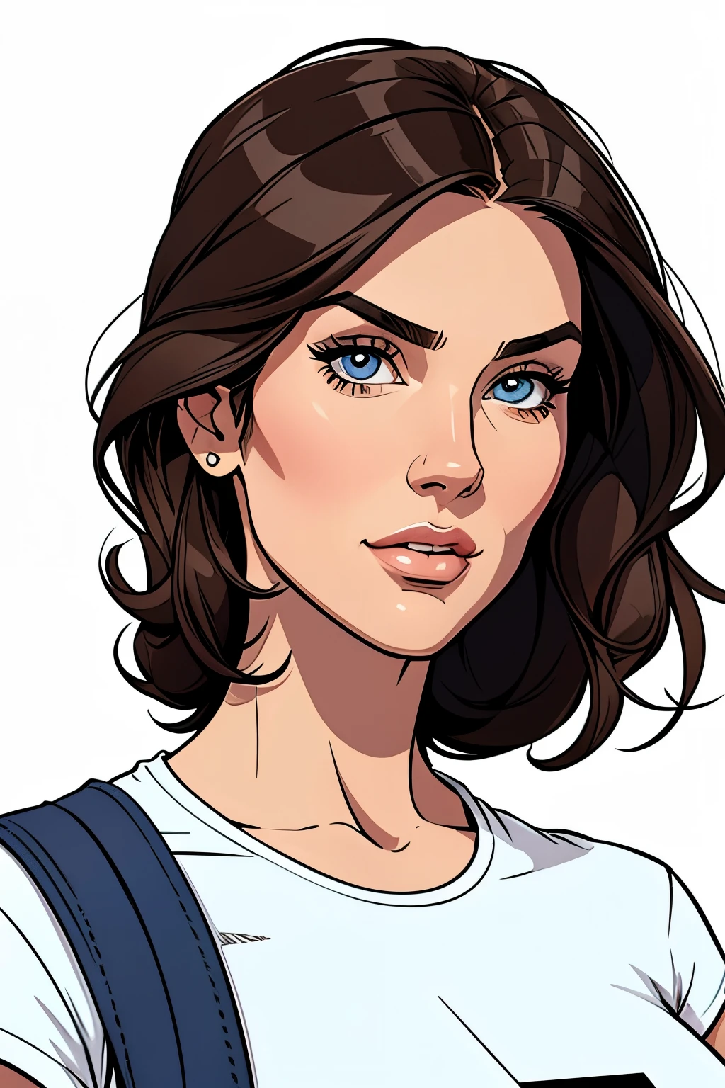 Flat colours, close up, portrait of a woman in her late 20s, Tech-savvy appearance, focused, Casual tech wear, jeans and a smart t-shirt, simply white background