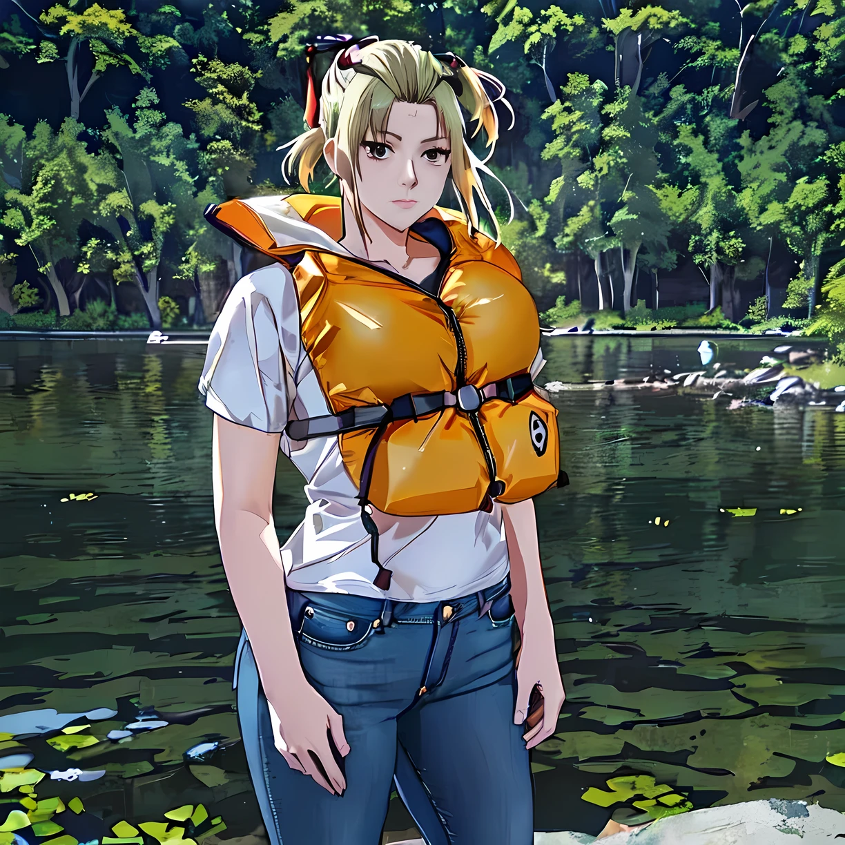 25 year old Caucasian woman standing on a rock by a body of water, on a lake, in a lake, in lake, standing in a lake, standing in a pond, wearing a orange life jacket, sexy woman , waist up, a broad shouldered, perfect beautiful face, blonde hair, pony tail, hair bangs, low rise jeans, yellow t-shirt short sleeve, tsukuyo from gintama, happy expression, huge breasts, high definition, beautiful sexy feminine body   