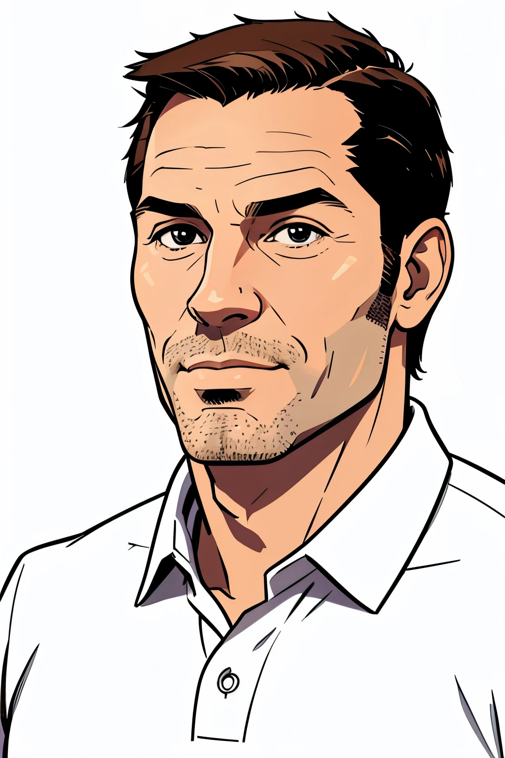 Flat colours, close up, portrait of a man in his early 40s, Entrepreneurial, resourceful appearance, Business casual, often seen in a polo shirt and slacks, simply white background