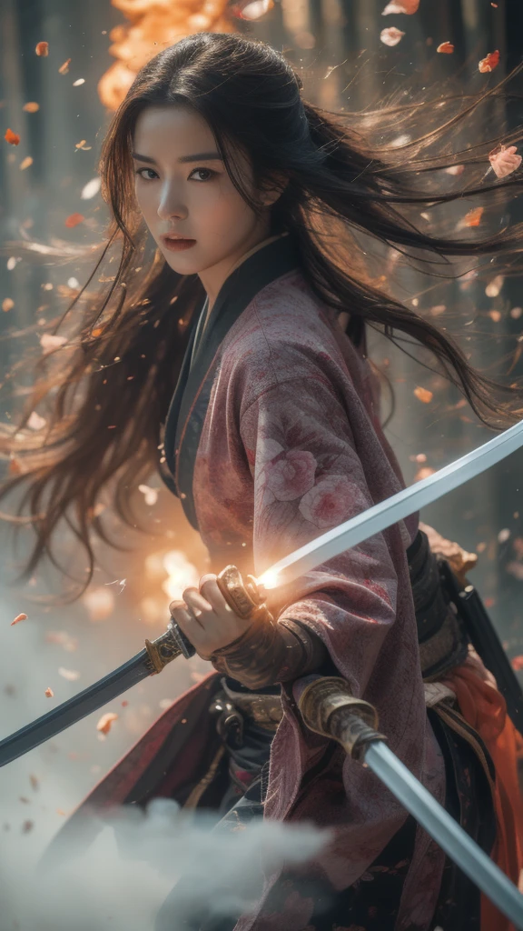 ((A beautiful woman holding a sword)), whole body:1.5, Pink floral print kimono, Wearing armor, Hakama style, Wearing zori shoes, Combat pose, Long black hair, (masterpiece, 最high quality, high quality, High resolution, Very detailed), Glossy, beautiful lips, KPOP idol faces, Beautiful Korean woman face, Vibrant colors, The background is war, Rising Smoke, Flames flare up, war