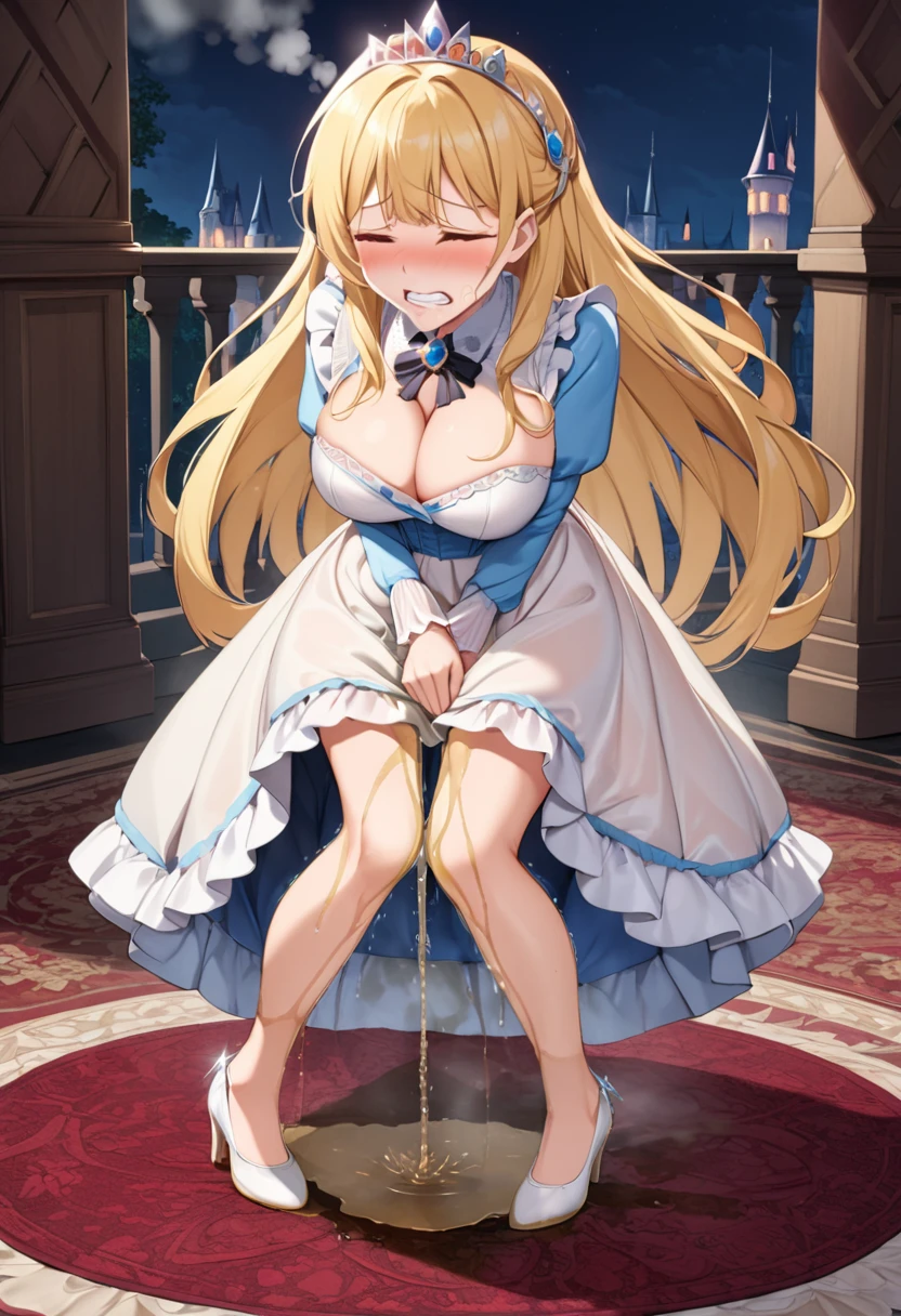 Beautiful long blonde　Princess in a pink dress　Gold Tiara　 Long Sleeve 　 long skirt　whole body　diaper　 crouches with her crotch open　Chained handcuffs　((Teary-eyed))　Underground Prison