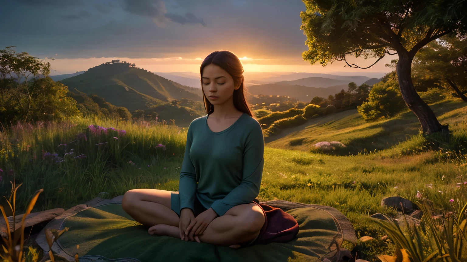 a highly detailed person meditating on a hill, wide clothing, cinematic lighting, intricate details, photorealistic, 8k, ultra-detailed, masterpiece, dramatic colors, warm tones, chiaroscuro lighting, peaceful atmosphere, serene expression, spiritual energy, natural environment, lush greenery, rolling hills, tranquil landscape