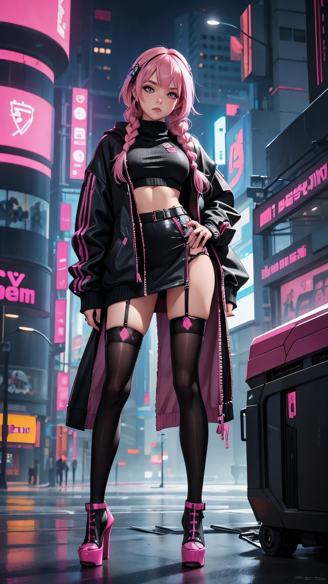 1girl,detailed skin,braided pink hair,small breasts,black thighhighs,oversized sweater,high heels,(sassy pose:0.8),cyberpunk,volumetric fog,
