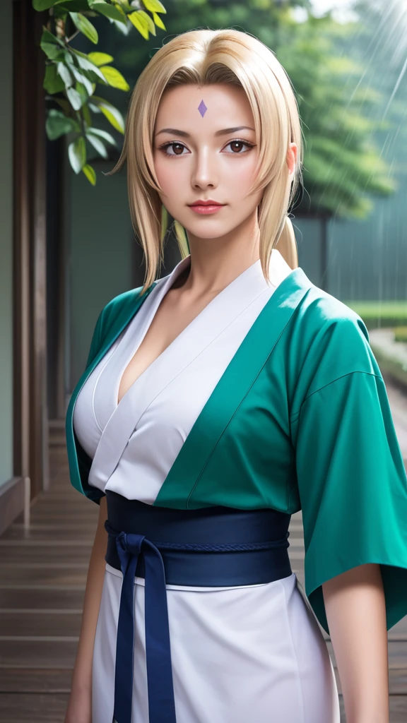 score_9, score_8_up, score_7_up, score_6_up, Photorealistic, real photo, god rays, wind, rain, highres, sharp focus, pixiv masterpiece, ((intricate details)), highly detailed,  upper body, 1girl, mature, blonde hair, blue forehead mark,white kimono, green jacket, sash, tsunade_senju, 