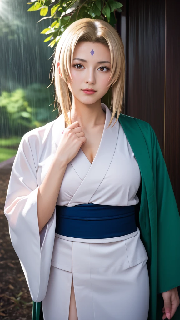 score_9, score_8_up, score_7_up, score_6_up, Photorealistic, real photo, god rays, wind, rain, highres, sharp focus, pixiv masterpiece, ((intricate details)), highly detailed,  upper body, 1girl, mature, blonde hair, blue forehead mark,white kimono, green jacket, sash, tsunade_senju, 