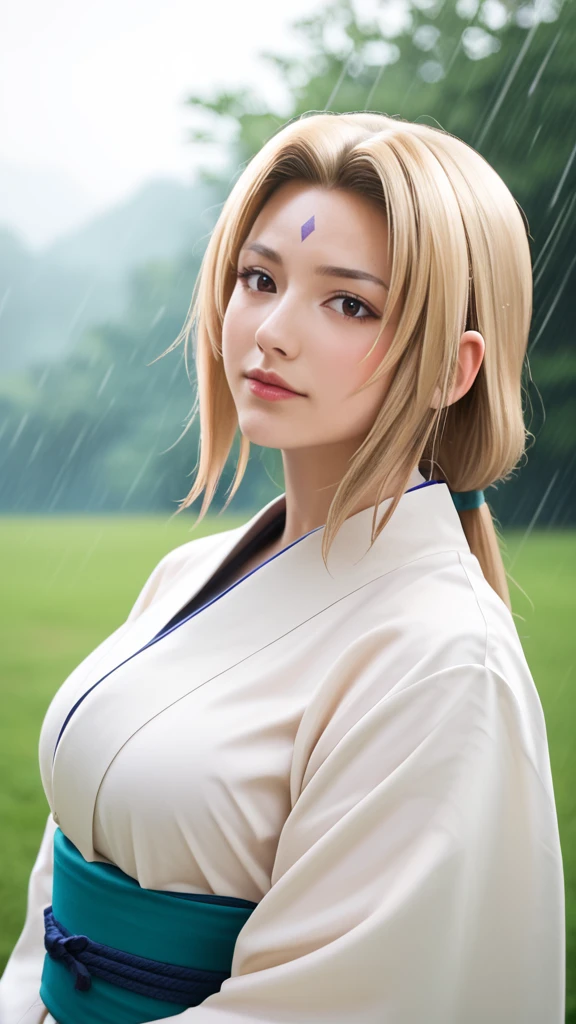 score_9, score_8_up, score_7_up, score_6_up, Photorealistic, real photo, god rays, wind, rain, highres, sharp focus, pixiv masterpiece, ((intricate details)), highly detailed,  upper body, 1girl, mature, blonde hair, blue forehead mark,white kimono, green jacket, sash, tsunade_senju, 