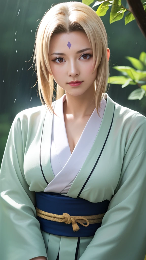 score_9, score_8_up, score_7_up, score_6_up, Photorealistic, real photo, god rays, wind, rain, highres, sharp focus, pixiv masterpiece, ((intricate details)), highly detailed,  upper body, 1girl, mature, blonde hair, blue forehead mark,white kimono, green jacket, sash, tsunade_senju, 