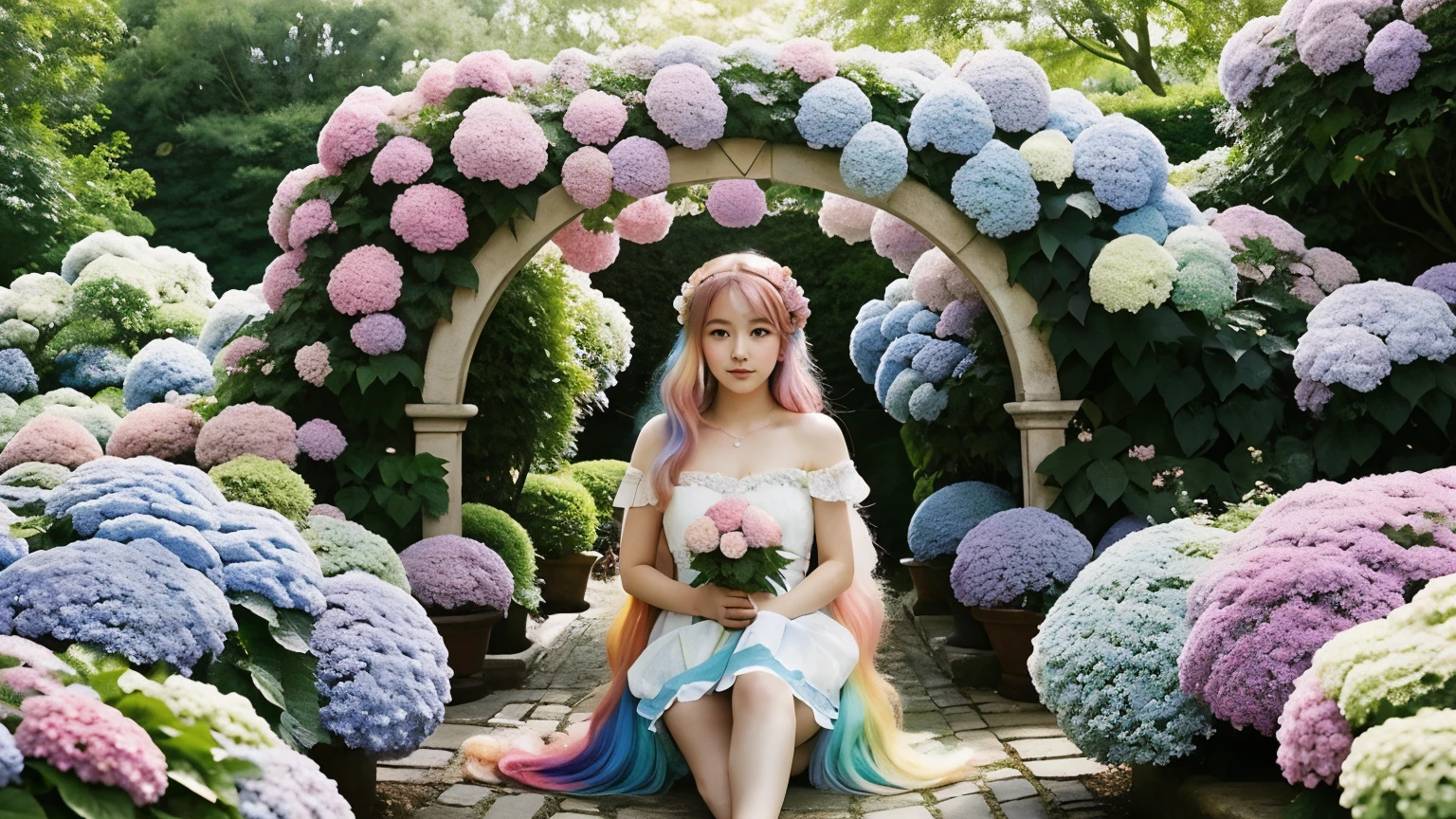 A beautiful anime girl with rainbow hair and eyes is resting in a magical garden. She is surrounded by pastel-colored hydrangeas, and a double rainbow arches over the scene. The style is light and dreamy, with a soft focus and ethereal quality.