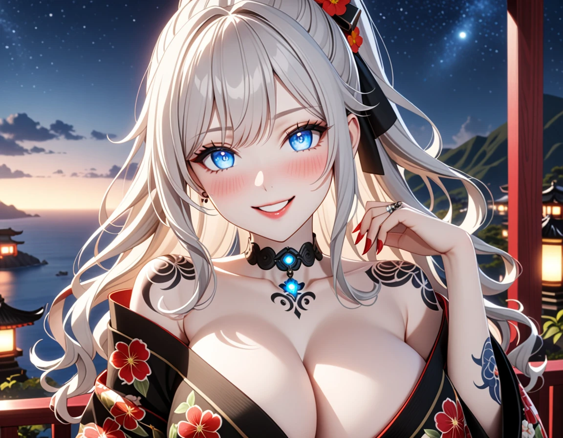 ultra-detailed, ((one girl)), (pale skin:1.5), fair-skinned gyaru, ((Girl in black kimono)), (heavy makeup), (professional lighting), hyper detailed, absurdres, 8k, Beautiful Face, (Laugh shyly), ((teasing smile:1.2)), ((happy smile:1.4)), ((Wink:1.4)), (Laugh with your mouth wide open),((Tilt your face:1.6)), View your viewers, ((full-face blush:1.4)), Glossy Red Lips, ((huge breasts:1.6)), undressing, ((She is undressed up to her shoulders, highlighting her cleavage.)), ((Her tattoo peeked through her kimono:1.2)), summer, night,Observatory with a view of the sea, ((Anime style background)),masterpiece, Highest quality, so beautiful,Latest, Complex details, ((red long nail:1.2)), (ring),(bracelet), (Floral Choker),AI-generated, Complex,High resolution, Highest quality, super high quality,3D Images、3D Images,One person, (Silver White hair),Long Hair, (White high ponytail), (wavy hair:1.3)), Anime woman posing for a photo, ((Eyes with detailed pupils、blue eyes、glowing eyes:1.3)), (Squint your eyes:1.1),a hyperRealistic , hyperRealistic , Realistic,Anime woman with long white hair, Smooth anime CG art, ((A girl in a gorgeous black kimono:1.2)), ((black furisode:1.3)),Gold embroidery, (Large floral pattern in red color), (sideboob), (Long red flower hair ornament),(big floral earrings), Mature Body, tall,Narrow waist, ((model posing:1.3)), (extreme close-up shot), ((dutch angle:1.2)),