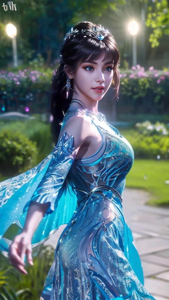 ((8K, UHD, Masterpiece, extreme quality)), 1 girl, good face, detailed eyes, very long hair, detailed lips, medium breasts, realistic, xiao wu fantasy dress, ((blue fantasy dress)), ((glowing dress:1.5)), ((navel)), ((lace)), ((double shade dress)), beautiful fantasy, fantasy empress, beautiful alluring Realistic art,  shining skin, intricate ornate anime cgi style, shining skin, in the park, ((raining)), Realistic shadow, depth of field, ray tracing, god rays, bloom, anti-analysis, bokeh effect, direct-x 2.0, looking at the audience,