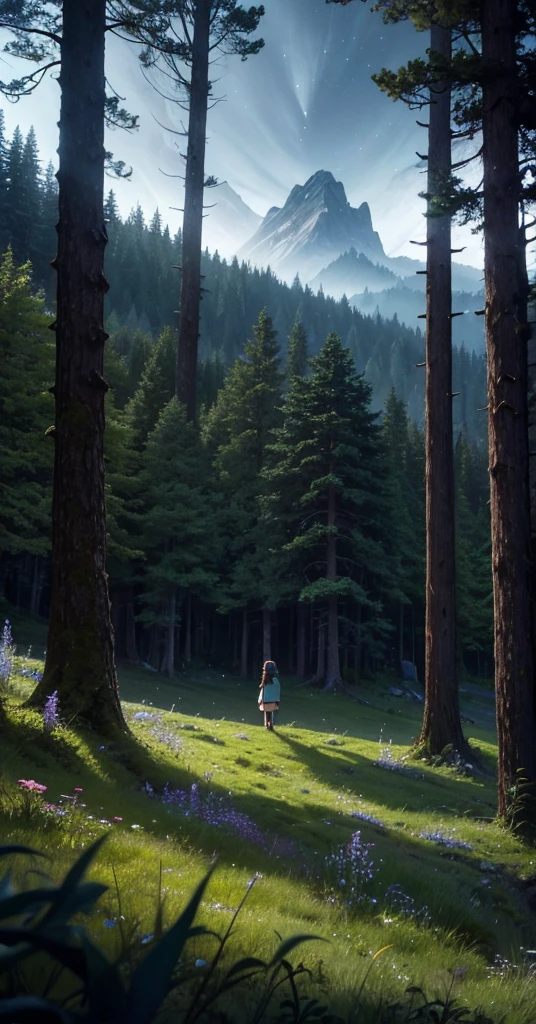 a highly detailed, comforting moonlit meadow in a lush forest at night, dense old-growth trees, mossy rocks, long grass, wildflowers, dramatic lighting, moody, cinematic, muted colors, deep shadows, glowing moonlight, mystical, ethereal, serene, night sky, stars, best quality, 4k, 8k, highres, masterpiece, ultra-detailed, ghibli themed animated. at the distance, there's a girl wearing a hiking outfit with long curly hair.