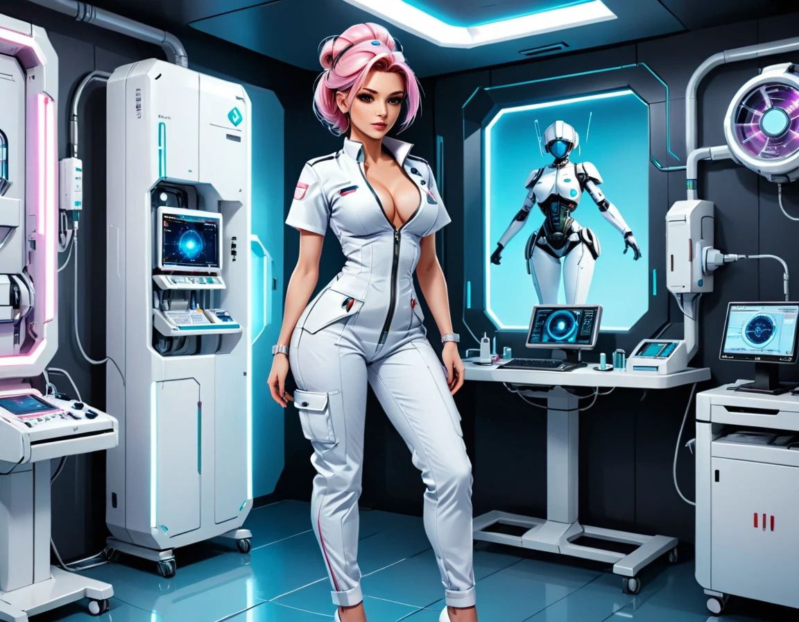 a picture of mech nurse in a futuristic hospital, exquisite beautiful nurse,  dynamic hair style, ((full body shot: 1.5)), ((anatomically correct: 1.5)), (ultra detailed face: 1.2), best detailed face, wearing white nurse robes, white pants, white high heels, delicate mechanical parts, she holds a syringe, cyberpunk hospital background, vibrant, Hyperrealism style, vibrant, Ultra-high resolution, High Contrast, (masterpiece:1.5), highest quality, Best aesthetics), best details, best quality, highres, ultra wide angle, 16k, [ultra detailed], masterpiece, best quality, (extremely detailed) RAW, 