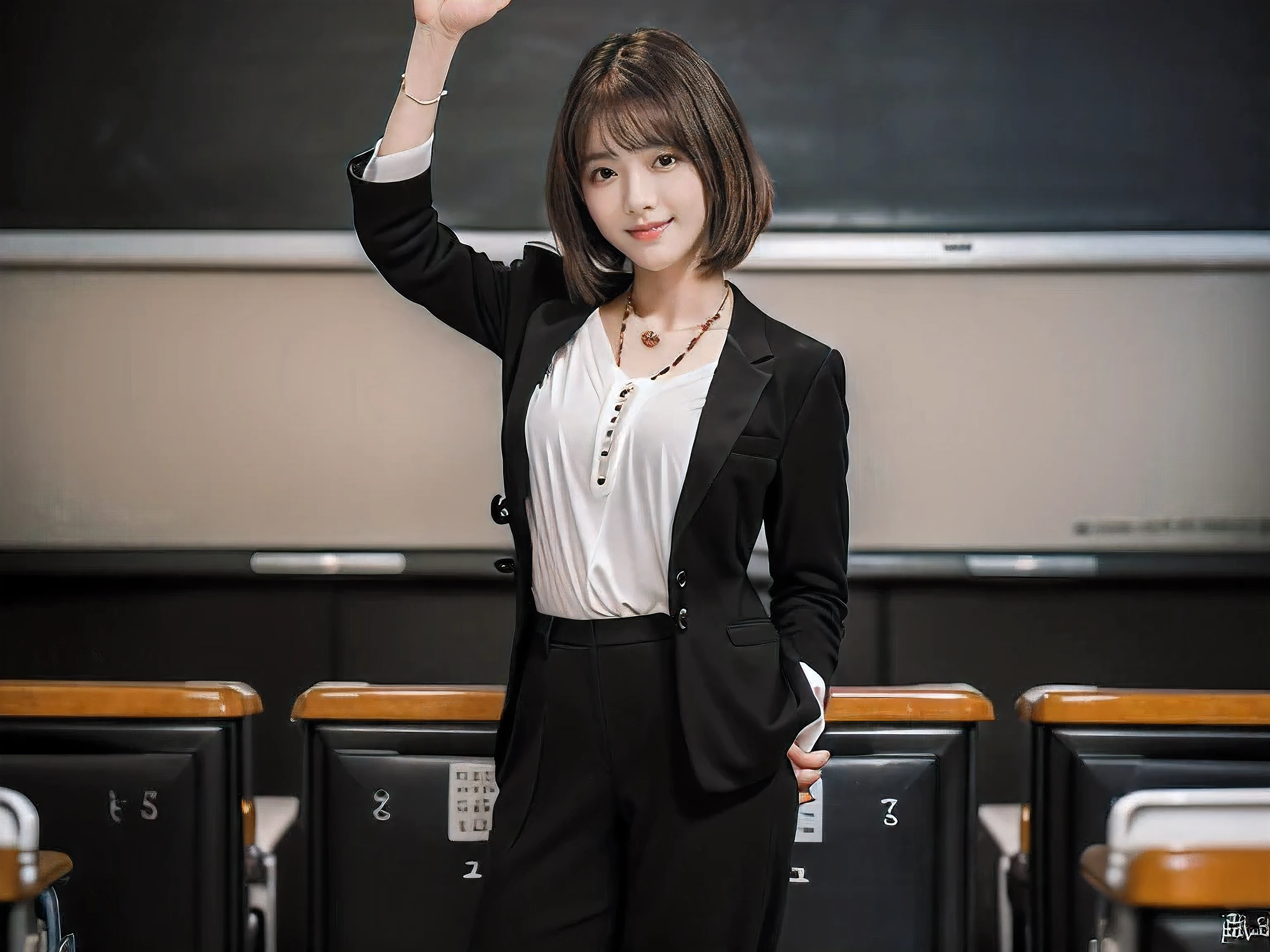 (A female teacher teaching a class in front of a school blackboard:1.5)、(Left hand raised straight up)、(A kind smile:1.5)、(A cute 20 year old woman:1.5)、(The best quality at its best:1.4), (Super detailed), (Very detailed CG unified 16k), Beautiful woman with perfect figure: 1.4, Sharp focus: 1.2, Very detailed, High-quality RAW color photos, Professional photography, Great face and eyes, cosmetics, (Amazingly beautiful girl), ((Black suit with white blouse:1.5)), Realistic movie faces, Full body long view from head to toe, Realistic, ((Realistic natural orange red hairstyle)), ( Short Bob Hair:1.5), (necklace:1.5)、, Very beautiful face, Perfect model beauty, Mouth swelling, Highly detailed face and skin texture, Fine grain, double eyelid, Medium chest, (masterpiece), Highest quality, High resolution, Very detailed, Blurred Background, Depth of written boundary, Cinema Lighting, Great legs, , Clear, well-maintained skin,((Full body shot from head to toe:1.5))