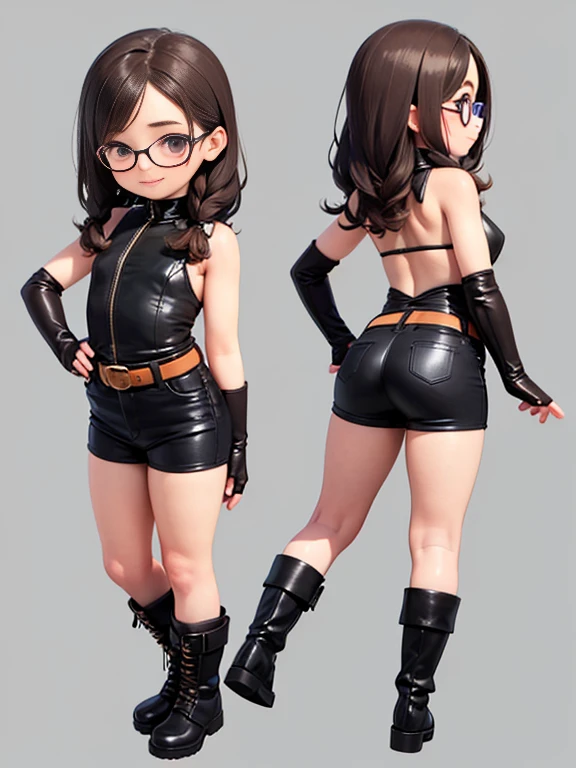 , girl, Ray tracing, 3D-стиль, 3DMM, whole body,(Front left view), Cute short girl, round face, Large sparkling dark brown eyes, long eyelashes, Glasses, languid look, parted sensual lips, Mysterious Half-Smile , tanned skin, short torso, Plump, rounded hips, Long brown tousled slightly wavy hair, Fluttering in the wind, White loose-fitting shirt with unbuttoned top button, Leather Mini Shorts, tight-fitting, firm buttocks, Soldier's Belt, chunky hiking boots, Fingerless leather gloves,(Spicy Small Breasts), Slightly curving, Put your hands on your knees, visible from behind, looking over your shoulder, simple background, Ideal Anatomy, High quality textures, very detailed, realistic textures, Anatomical Realism of the Skin, Realistic eyes, Glare of Glasses in Glasses