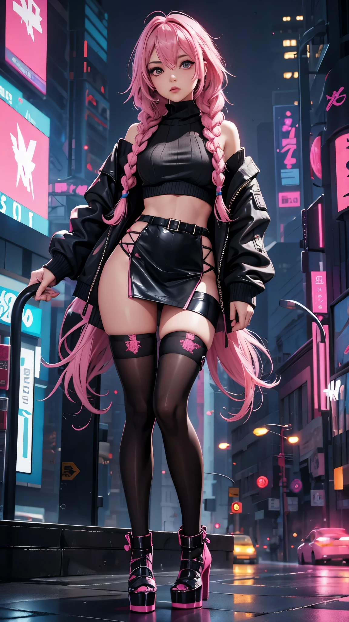 nsfw,from below,dutch angle,from side,buttocks,{{masterpiece}}, {{{Highest quality}}},{{Very detailed}},{{Fight}},{{fighting stance:1.6}},{{Cyberpunk style female warrior}},{{critical situation:1.6}},{{cyberpunk}},Beautiful thighs,1girl,30years old,{Mature Woman}},,{{Tight leather jacket:1.2}},belt,black fingerless gloves,　WHITE T-shirt．Bare skin decollete,Clavicle,skirt,slender legs,{{skirt:1.2}},holster,{{Grit your teeth:1.4}},,{{v-shaped eyebrows}},Bad mood,blush,Sweat,raise one's eyebrows　,{{View your viewers}}、{{pink straight long hair }},blunt bangs．abdominal pain ,{{pain}}, 