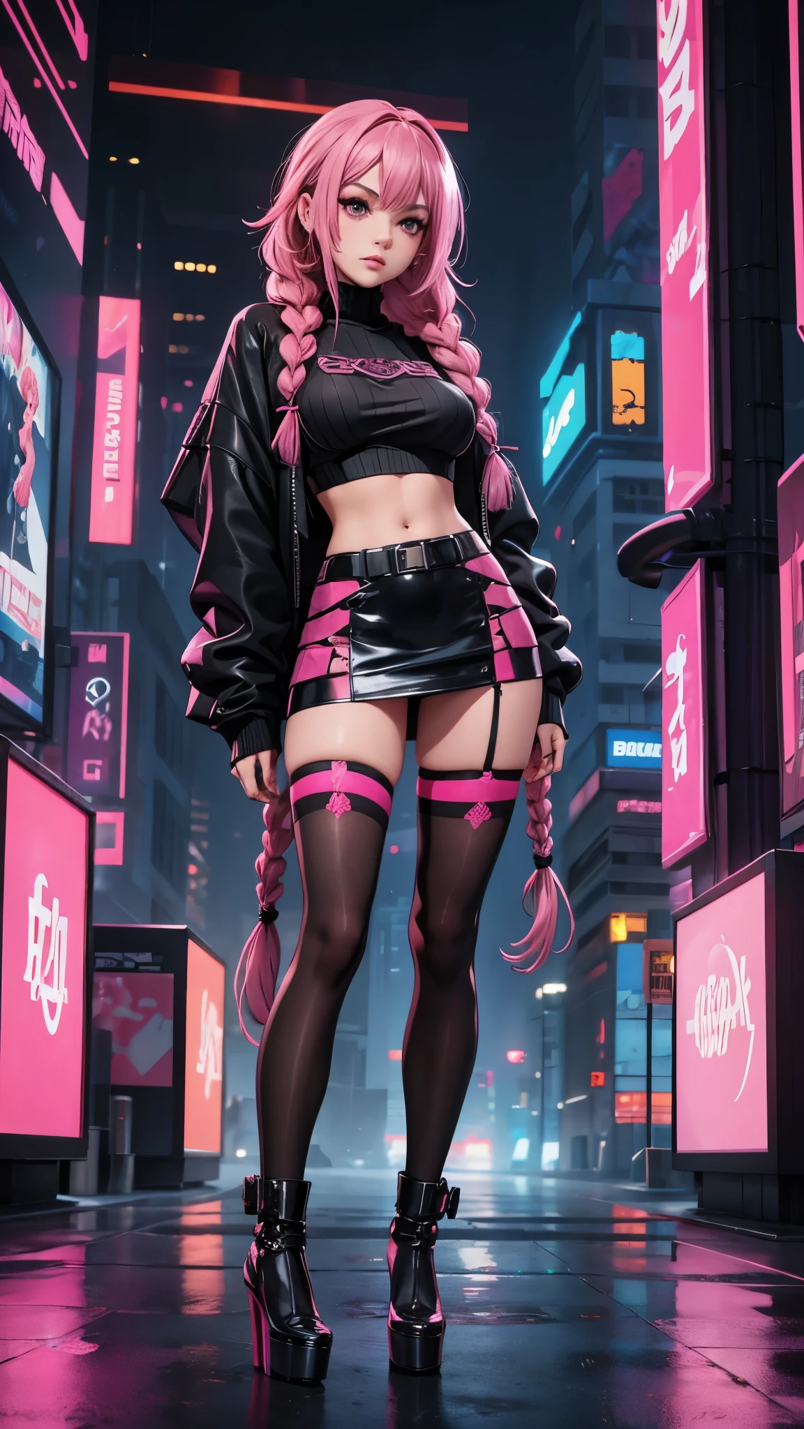 1girl,detailed skin,braided pink hair,small breasts,black thighhighs,oversized sweater,high heels,(sassy pose:0.8),cyberpunk,volumetric fog,