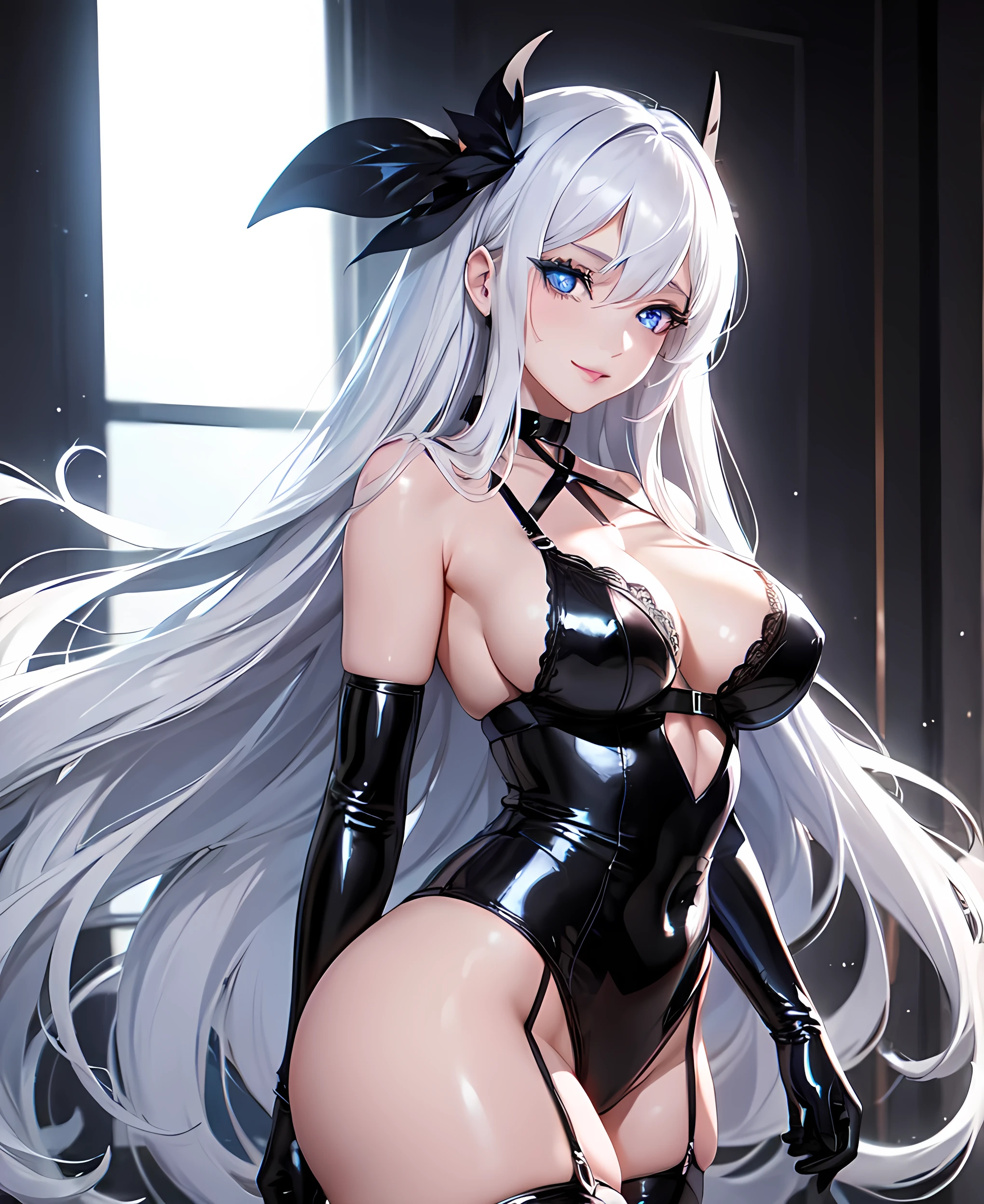 ((1 girl, solo)), long white hair, blue eyes, beautiful eyes, long eyelashes, looking at viewer, black latex lingerie, black stockings, thick ass, breasts, black choker, standing seductively, mysterious smile, realistic background, glowing eyes, facing the viewer
