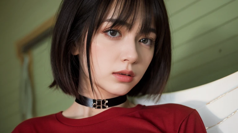 Mikasa, 19 year old young woman, as an angel, Best quality, High resolution, Short hair, Black eyes, see viewer, red tshirt, wearing Choker Necklace Bondage, Highest quality, high resolution