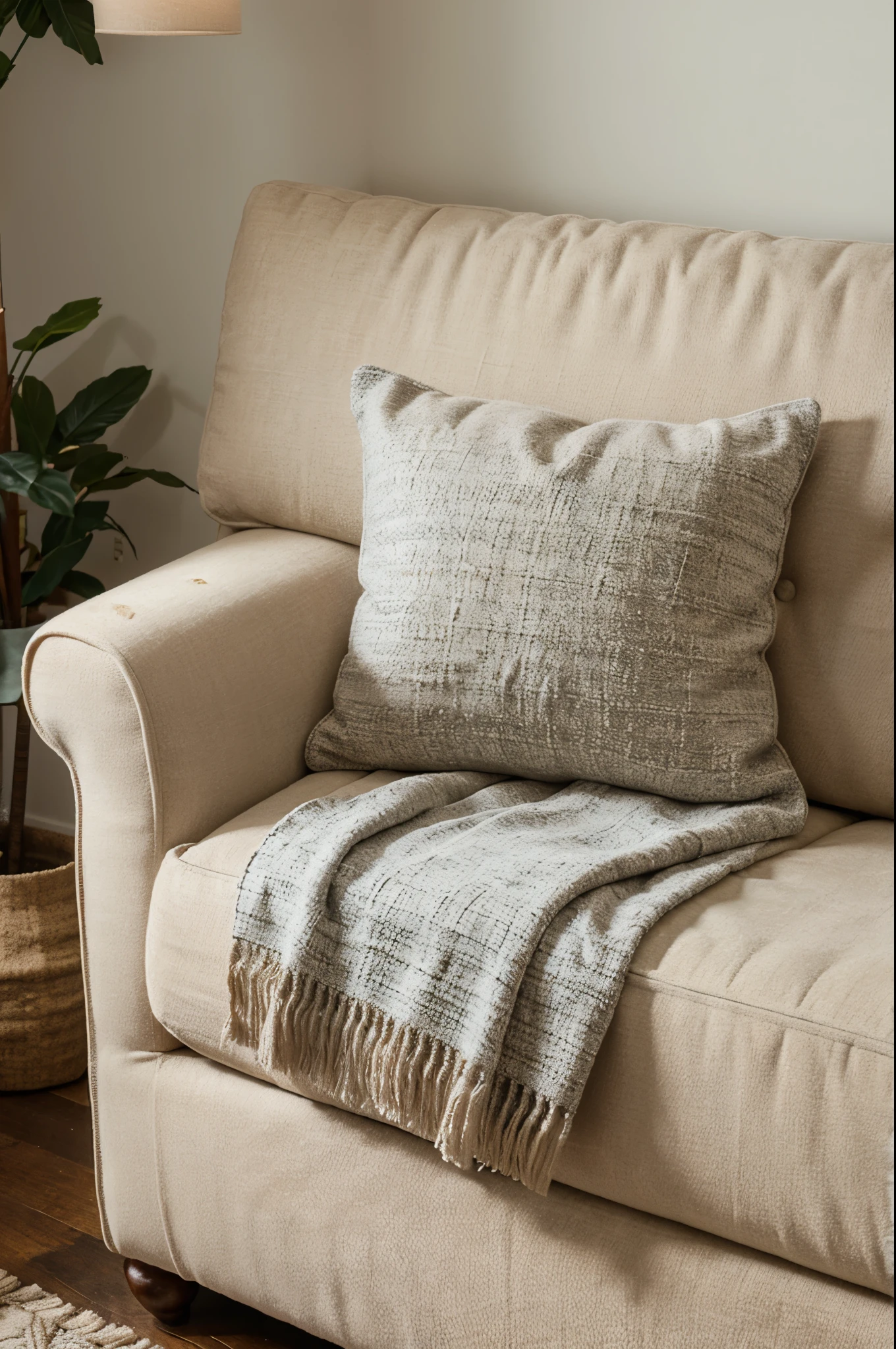 A modern sofa draped with a boho-chic throw blanket in a textured fabric.