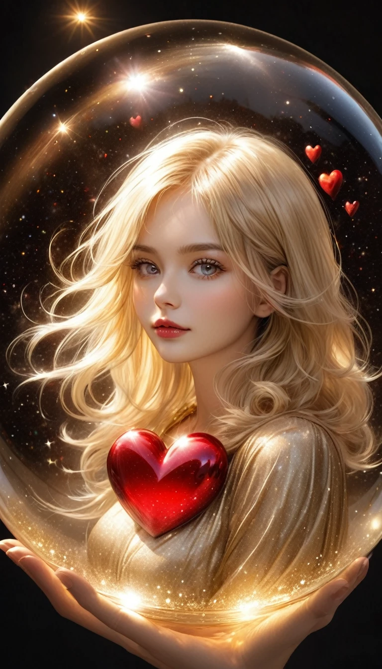 In a golden transparent glass bubble, Dark Star Background, Beautiful blonde 30 year old angel with a red heart, k resolution super detailed