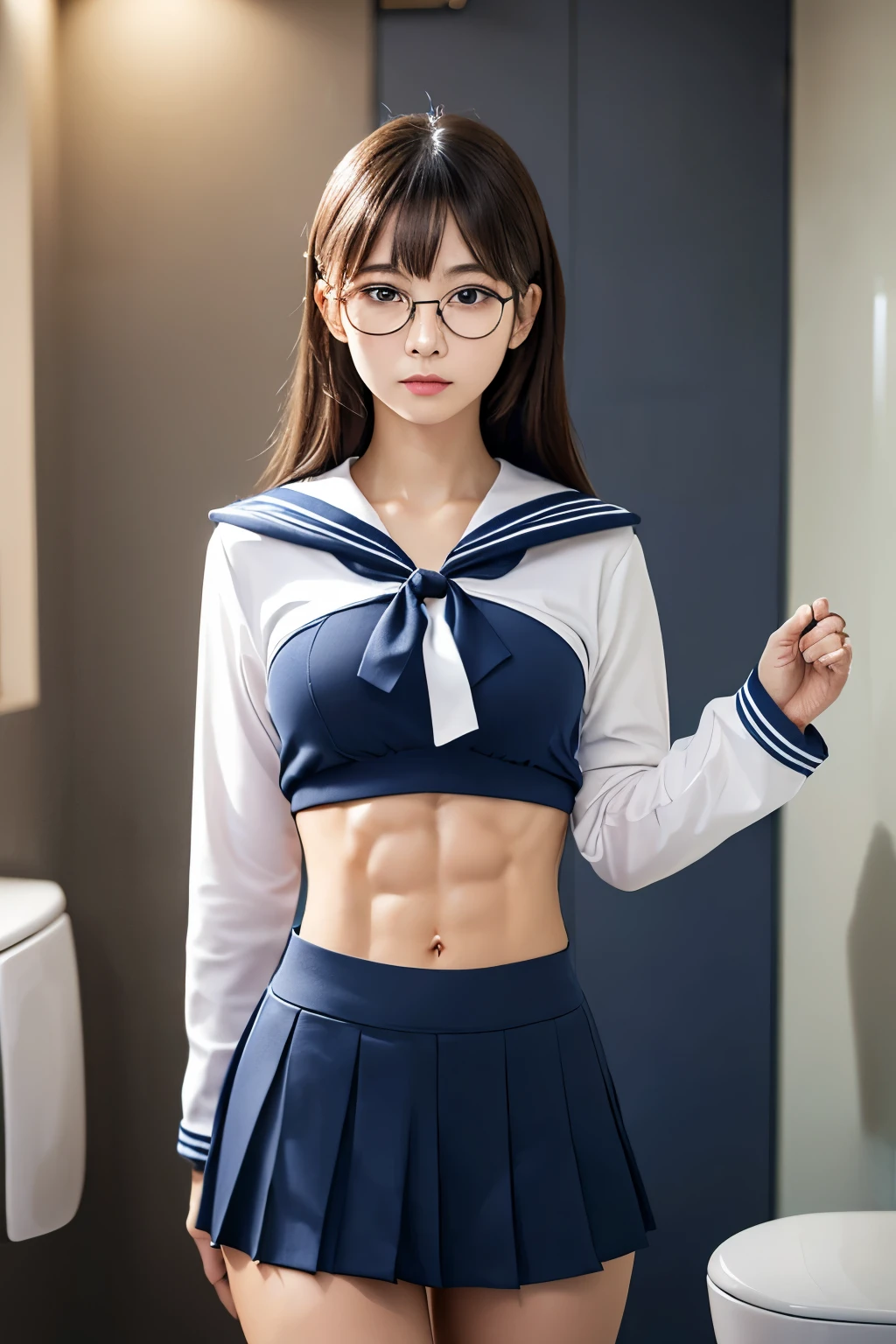 (Highest quality)), ((masterpiece)), (detailed), Tabletop:1.0), (Highest quality:1.4), (High resolution:1.2), Realistic photo-like artwork:1.1,Realistic:1.4,8k, RAW Photos:1.3,Sharp focus:1.2,A very small breasted 18 year old Japanese girl, Beautiful symmetrical eyes,((Wearing round glasses:1.2)),美しいthinメイクのアイドル顔,thin and slightly thin eyebrows, Slightly round face,(Serious expression with mouth completely closed:1.25),(Dark brown long hair:1.2),(Beautiful white detailed skin:1.2),((Very dark and dirty:1.3,Large public toilet:1.35)),(Frontal head to knee shot looking towards you:1.3,),(Spotlight from below:1.25),(((A super short, shiny navy blue, super tight long sleeve sailor uniform that fits super tightly around a very small chest:1.24,.Covering the chest:1.8))),((Super tight fitting ultra mini shiny navy blue micro pleated skirt :1.3)),((thin 生地のblack knee-high socks:1.2)),(((Very small breasts:1.99))),((Well trained, Slender body:1.62)),(Short torso:1.4),(Broad shoulders:1.3),(Tight waist:1.34),(Small Ass:1.3),(The hip bones are visible),(((Fine abdominal muscles:1.59))),(thin, muscular limbs:1.4),(Slender lower body:1.5,Very thin thighs:1.67)