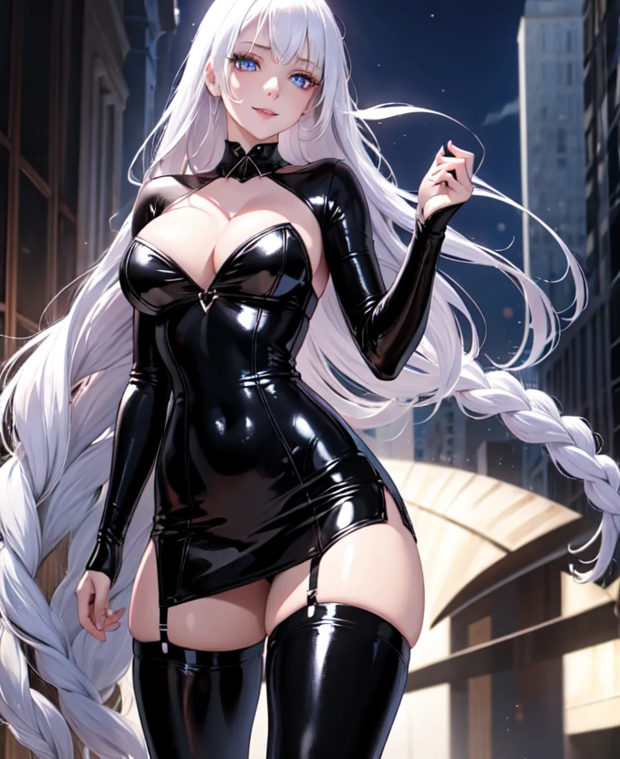1 girl, solo, long white hair, blue eyes, beautiful eyes, long eyelashes, looking at viewer, black latex lingerie, black stockings, thick ass, breasts, black choker, standing seductively, mysterious smile, realistic background, glowing eyes, facing the viewer