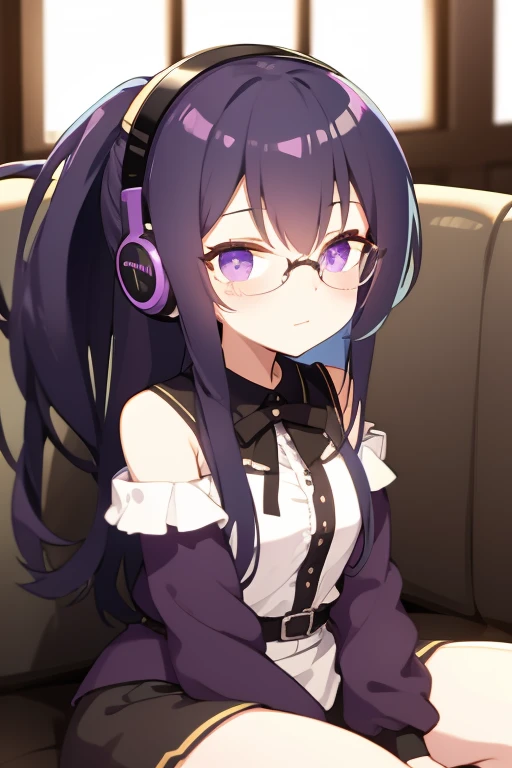 Dull purple hair, ponytail, hairclip, glasses, small scar under eye, cyan and violet eyes,tired looking eyes, headphones on neck, bored/blushing, humongous chest, loose oversized shirt over shoulder, sexy, sitting on couch, soft lighting,bust, super high-quality, waist down