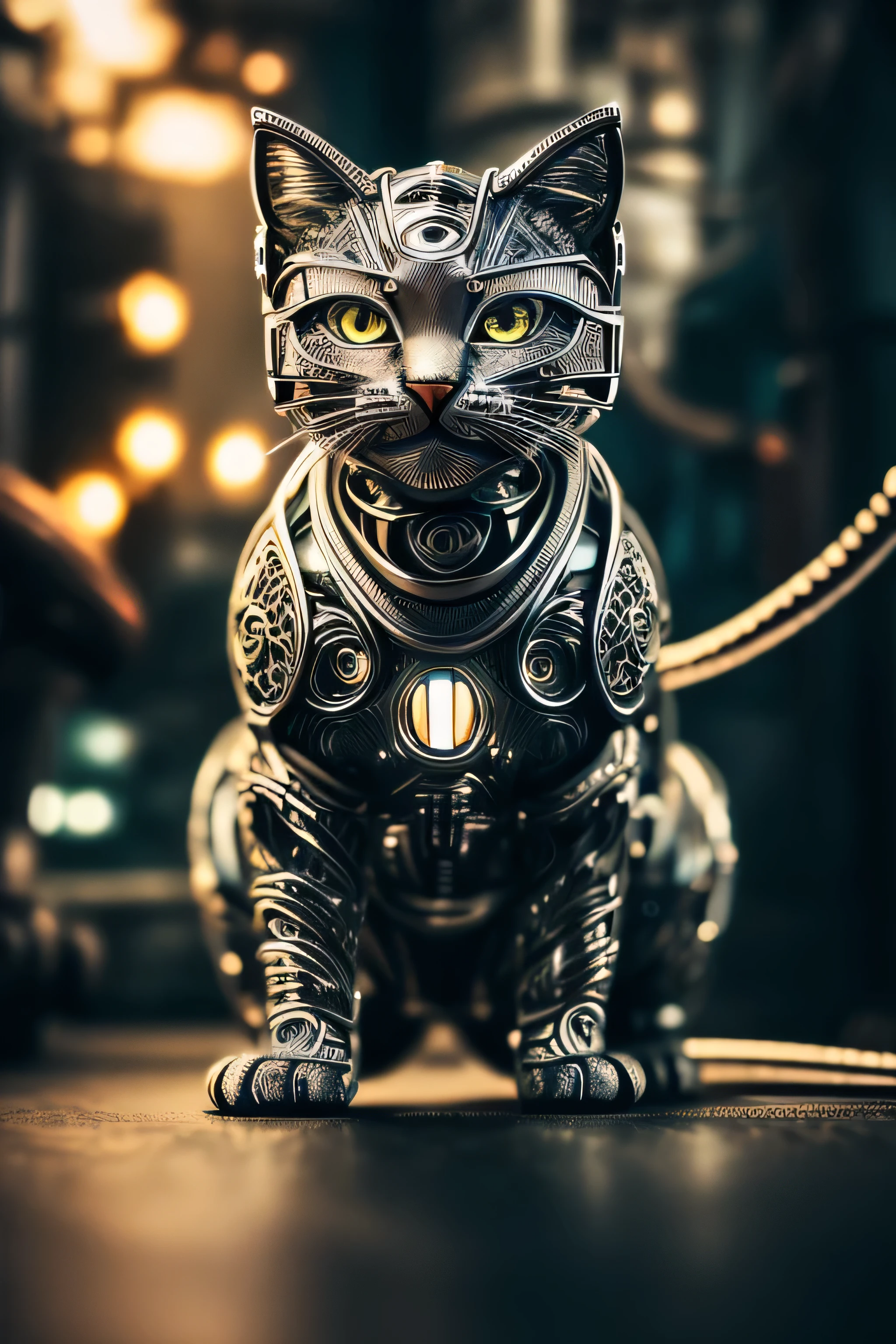 a cute kitten made out of metal, (cyborg:1.1), ([tail | detailed wire]:1.3), (intricate details), hdr, (intricate details, hyperdetailed:1.2), cinematic shot, Vignette, centered