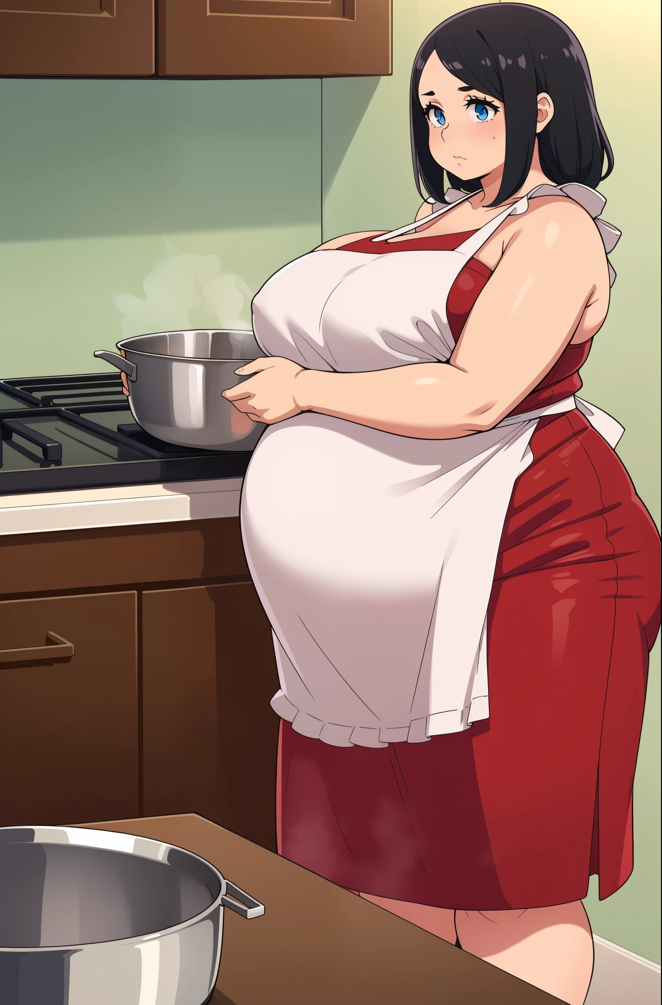 1girl, solo, black hair, blue eyes, milf, middle aged, mommy, (massive sagging breasts:1.0, cute red dress, housewife, apron, kitchen, looking in distance, thinking