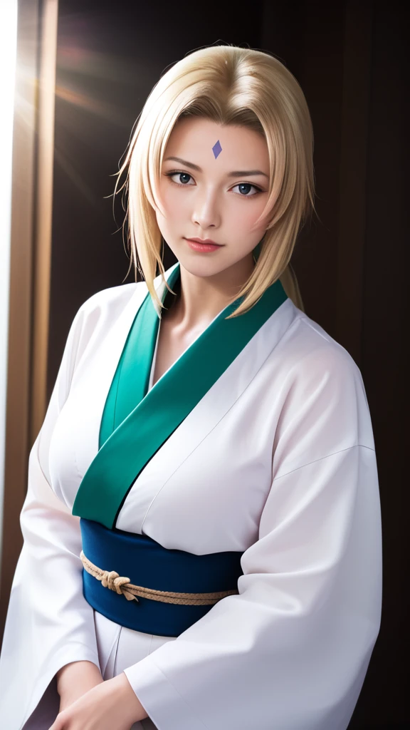 score_9, score_8_up, score_7_up, score_6_up, Photorealistic, real photo, god rays, highres, sharp focus, pixiv masterpiece, ((intricate details)), highly detailed,  upper body, 1girl, mature, blonde hair, blue forehead mark,white kimono, green jacket, sash, tsunade_senju, 