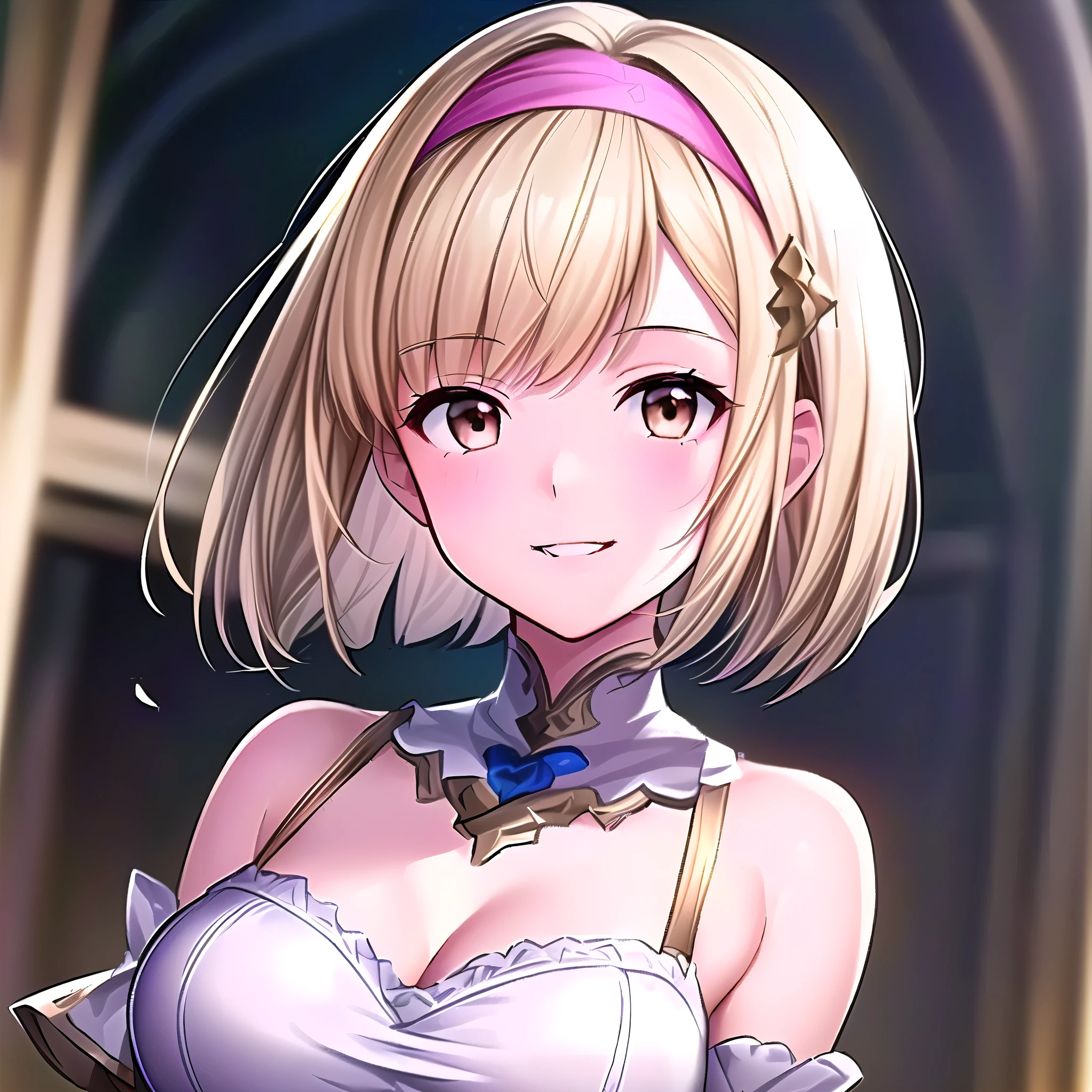 ((masterpiece)), ((Highest quality)), ((A with blonde hair and brown eyes)), ((Pink headband)), (Normal size breasts), Granblue Fantasy, Vivid RPG Portraits, Detailed Key Anime Art, Smooth anime CG art, Detailed portrait of an anime girl, ((light smile)), ((Super detailed)), (アニメ:1.1)