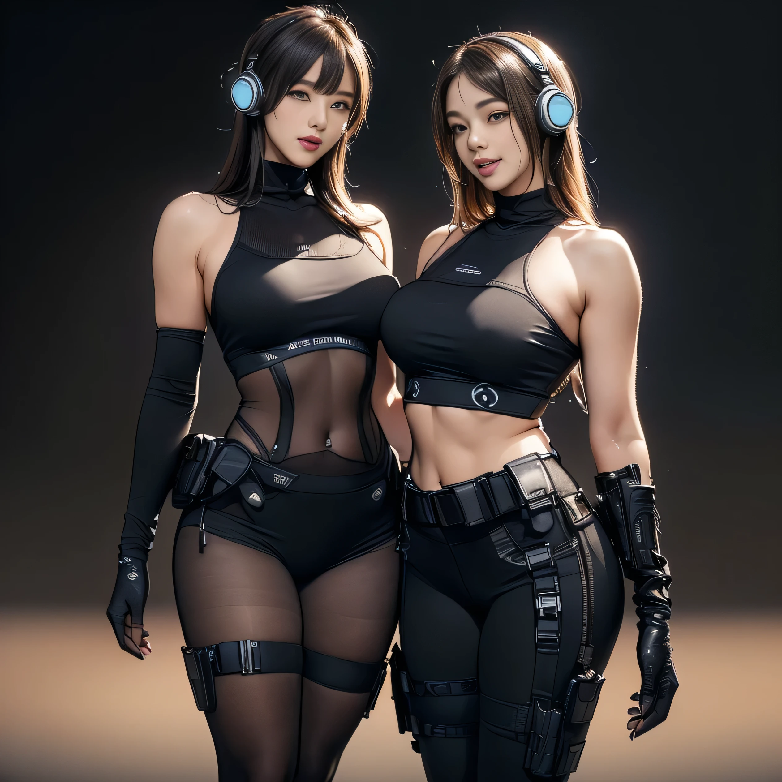 (Two Women),(((Women standing side by side:1.5))),((Black tactical tights:1.5)),((Black headphones:1.5)),((Black Tactical Holster:1.5)),(Black Gloves:1.5),((Wearing the same:1.5)),(Smile:1.5),(beautiful eyes:1.3),(Very detailedな顔:1.5),((Very detailed drawing of a female hand:1.5)),((muscular:1.5)),(Sexy appearance:1.5),((Thick thighs:1.5)),(Beautiful Body:1.5),((Very sensual:1.5)),(Background is the city:1.5),(((Blurred Background:1.5))),(Written border depth:1.5),rest(((masterpiece:1.5),(best quality:1.5),(Very detailed:1.5),(high resolution:1.5),(Practical:1.5),(Practical:1.5),(Delicate depiction),(Carefully drawn))),8k,wallpaper